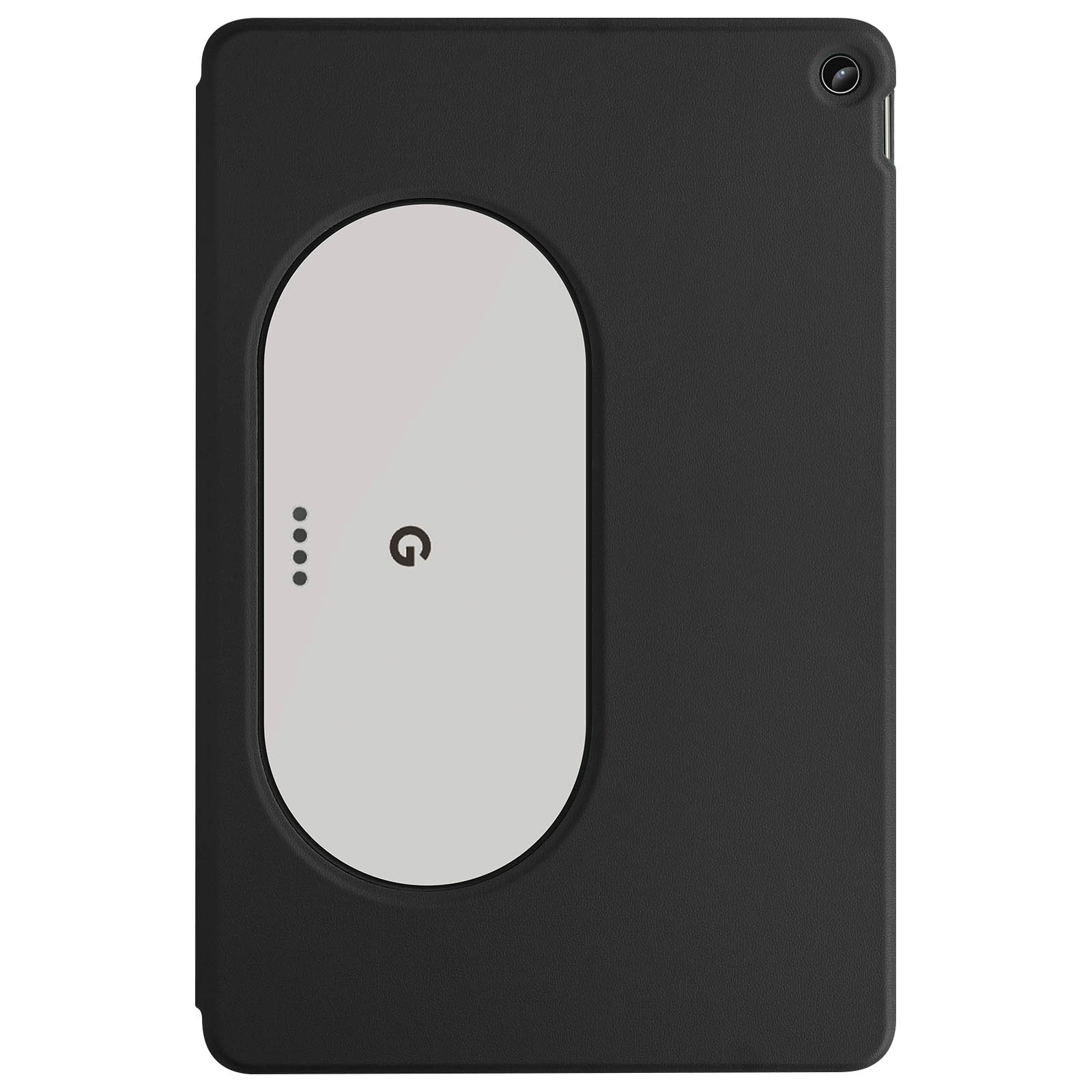 Custodia per tablet nera con un design ovale bianco con un pulsante e quattro punti.