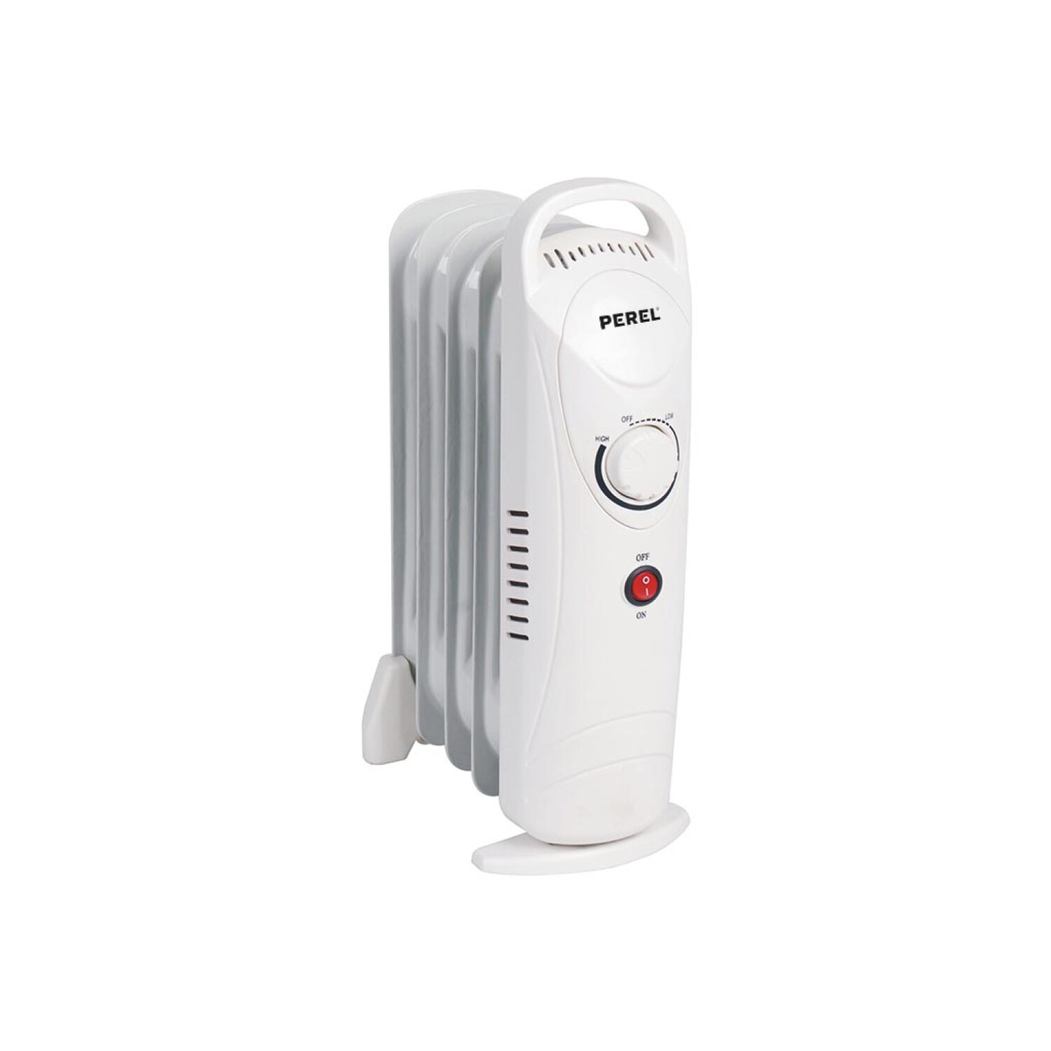 Biały grzejnik elektryczny z pokrętłem regulacji, przyciskiem zasilania i pionowymi żebrami.