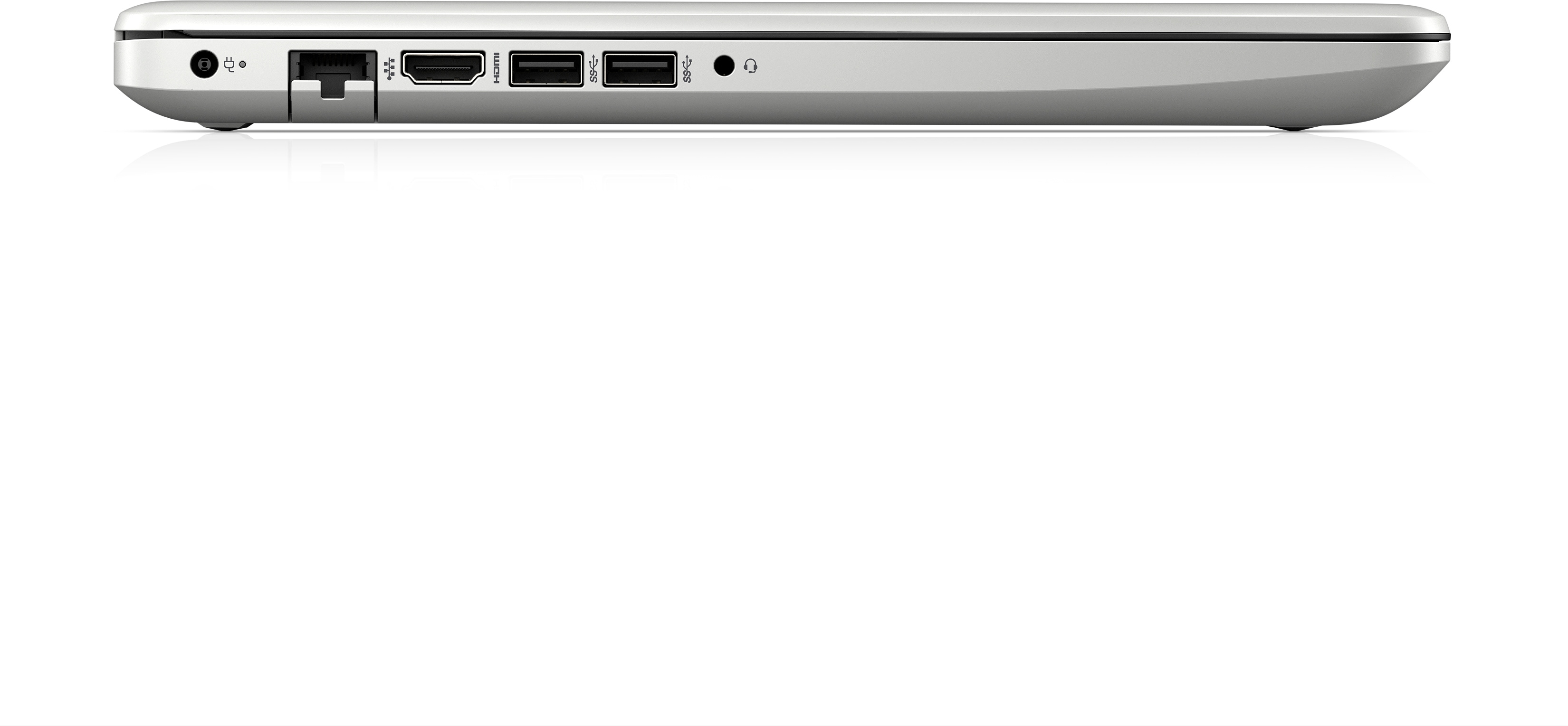 Seitenansicht eines silbernen Laptops mit Anschlüssen, weißer Hintergrund.