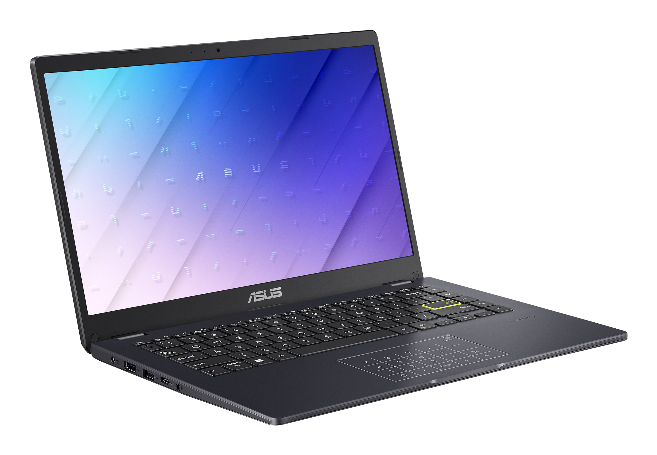Czarny laptop z logo ASUS na ekranie. Białe tło.