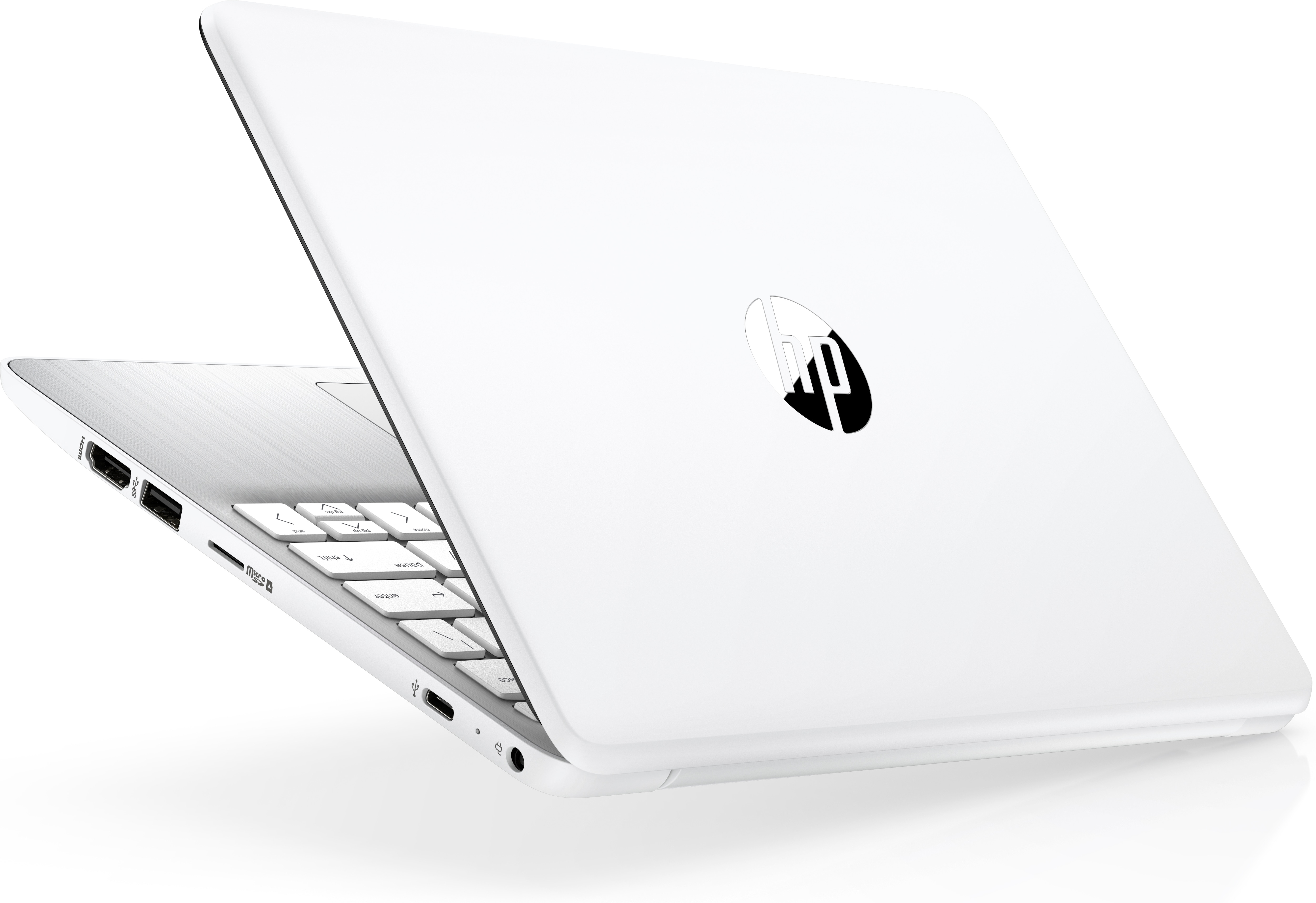 Weißer Laptop, teilweise geöffnet, Tastatur und Logo sichtbar. Der Deckel ist weiß.
