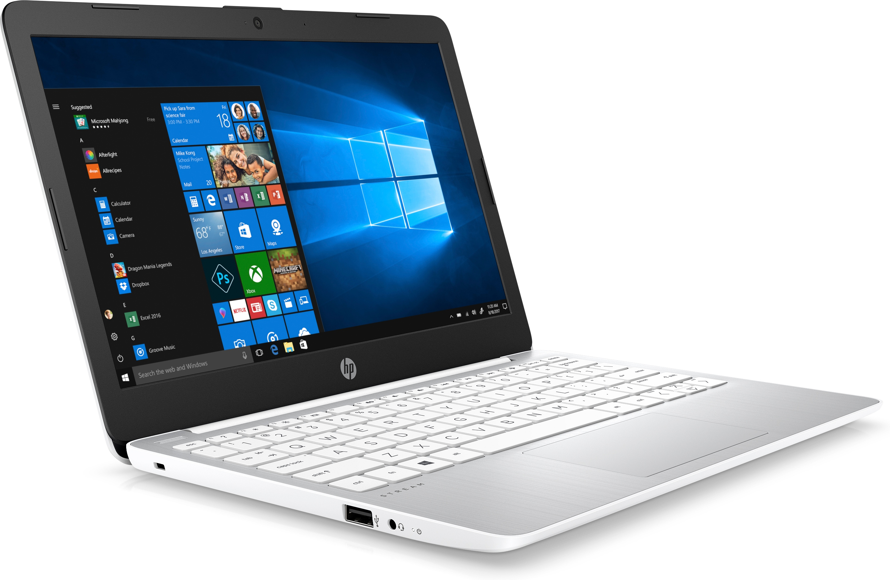 Ein weißer Laptop ist geöffnet und zeigt einen Windows-Desktop.