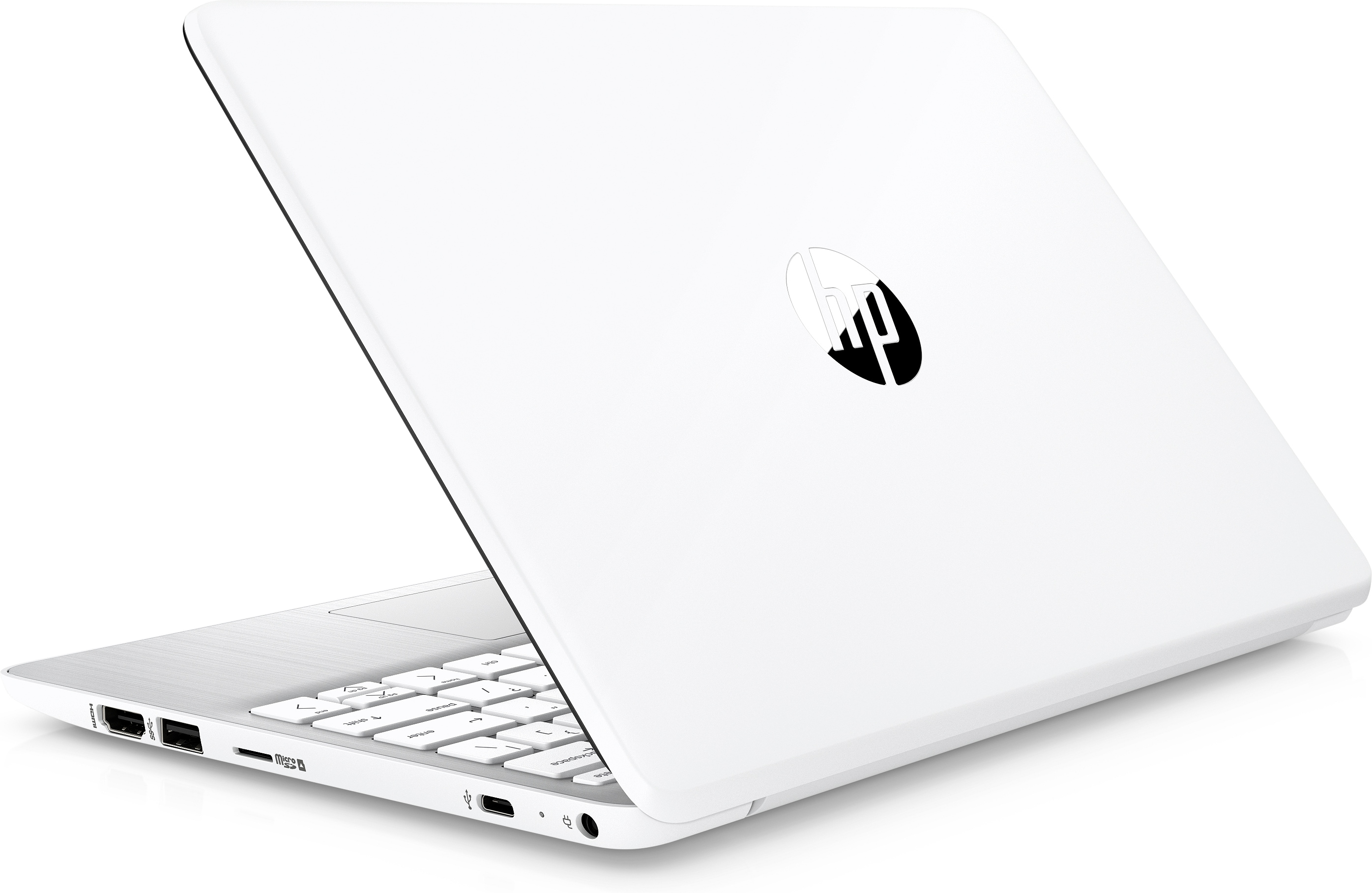 Weißer Laptop mit geöffnetem Deckel, Tastatur und HP-Logo.