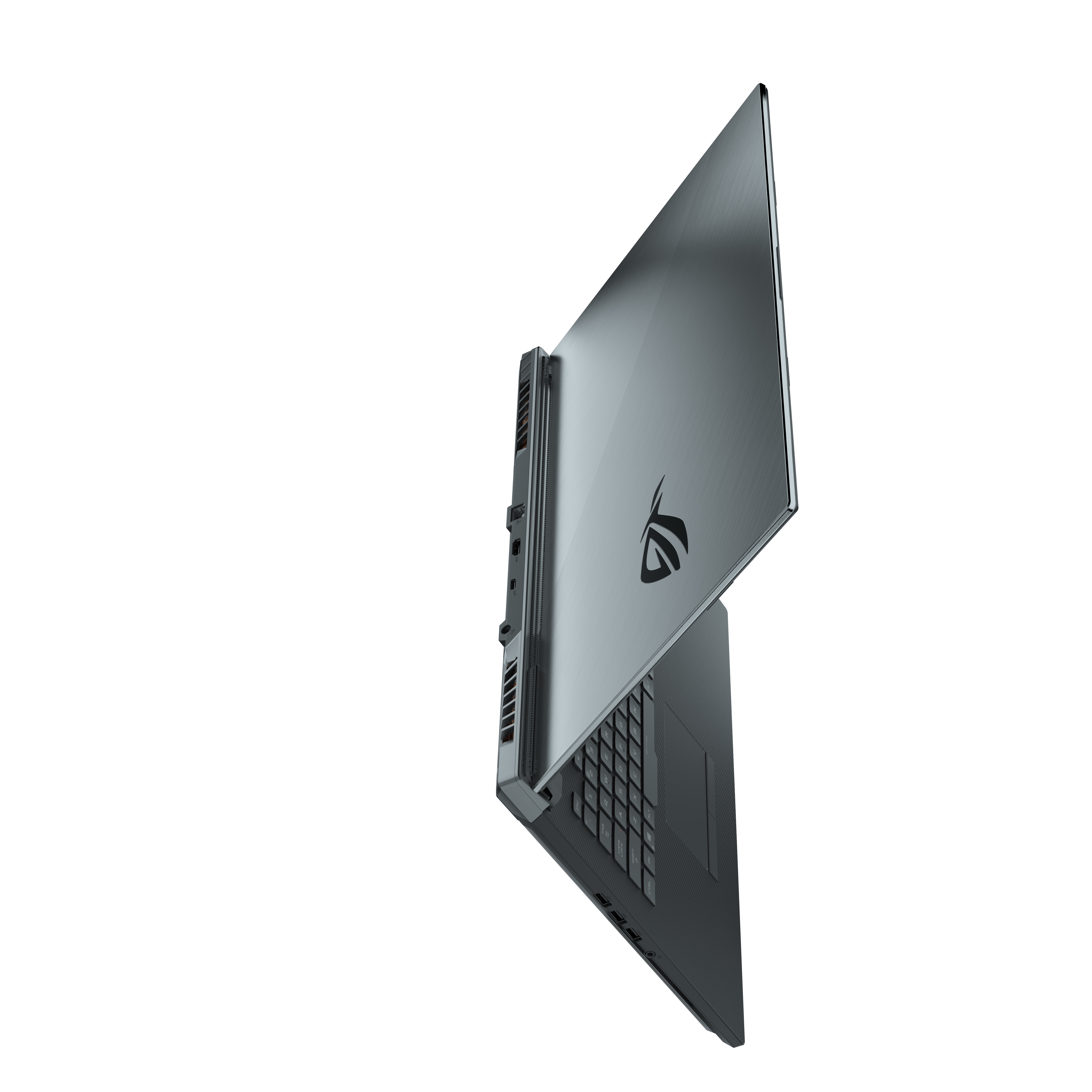 Ein silberner ROG-Laptop, von oben abgewinkelt, mit Tastatur und Logo.