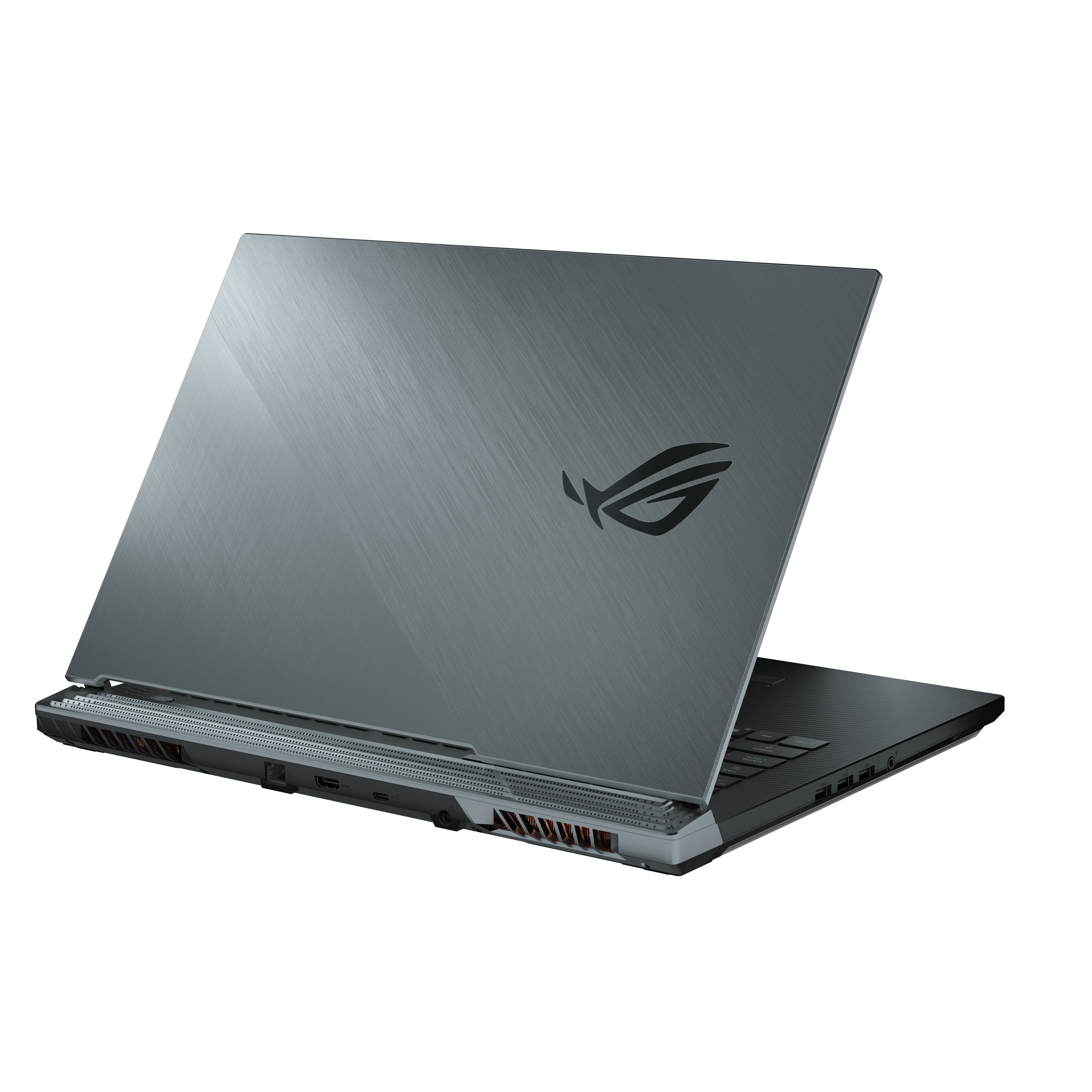 Rückansicht eines grauen Laptops mit Logo. Deckel ist offen. Weißer Hintergrund.