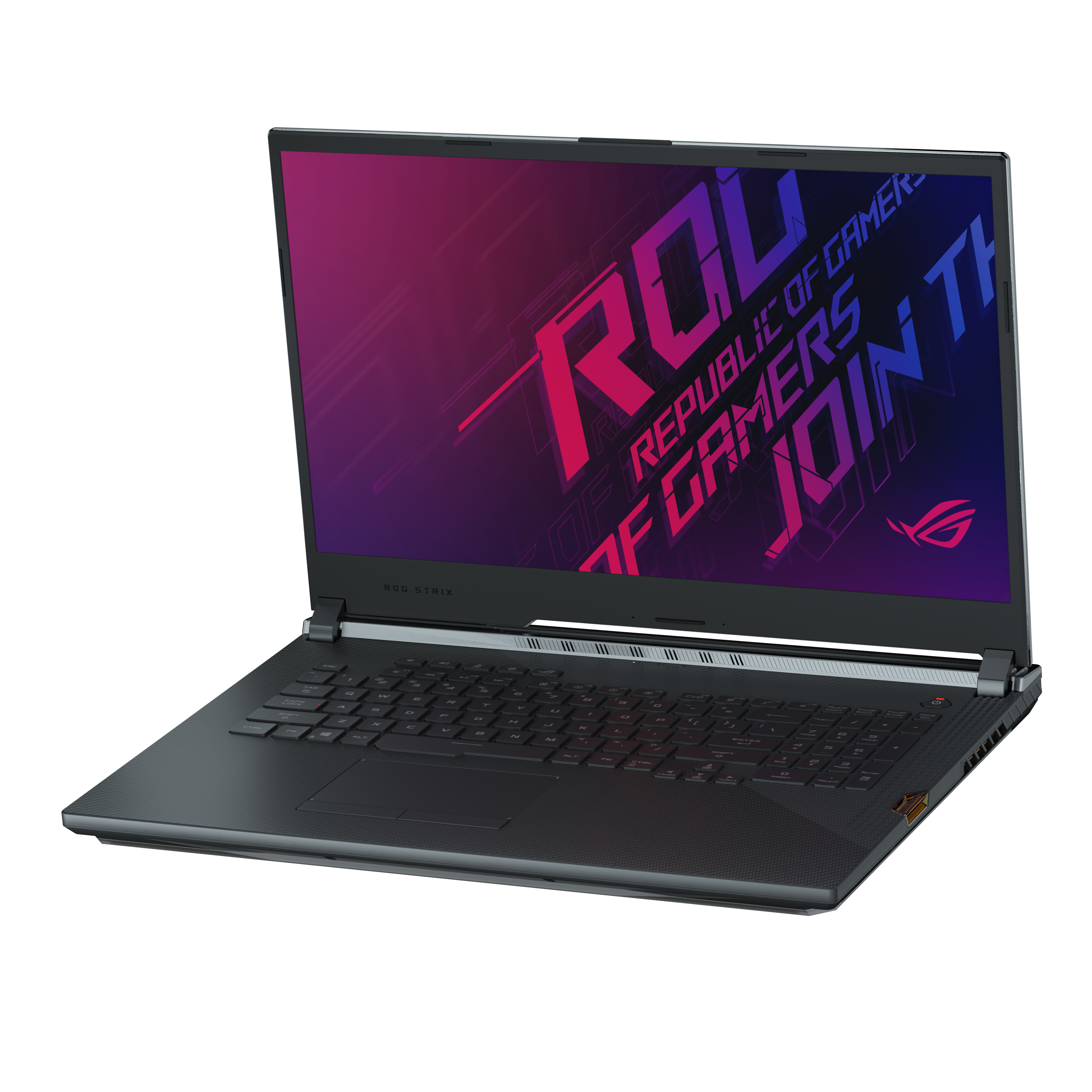 Schwarzer Laptop mit Gaming-Display, das ROG-Logo zeigt.