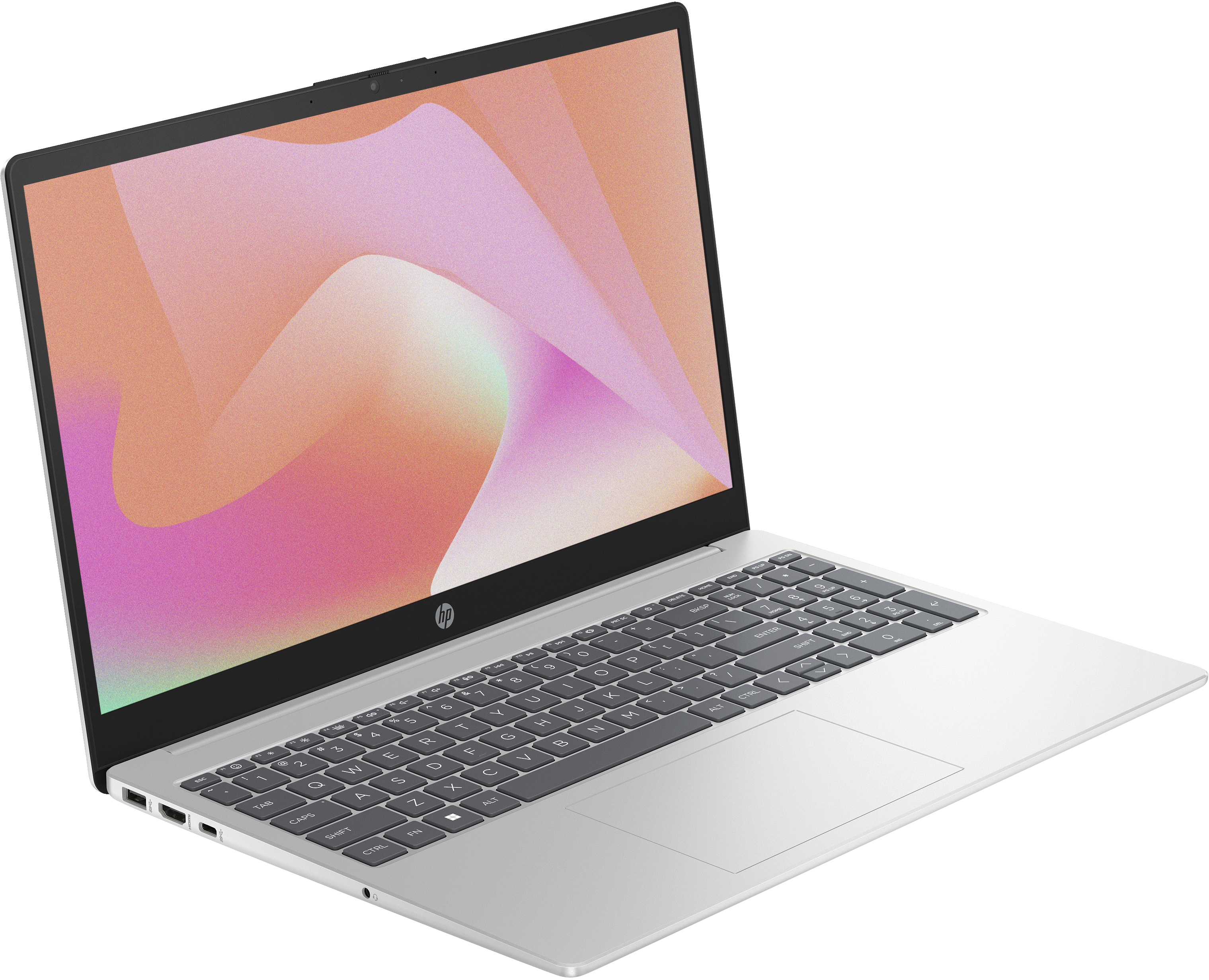 Portátil plateado con pantalla colorida. El teclado está enfocado. El portátil está sobre una superficie blanca.