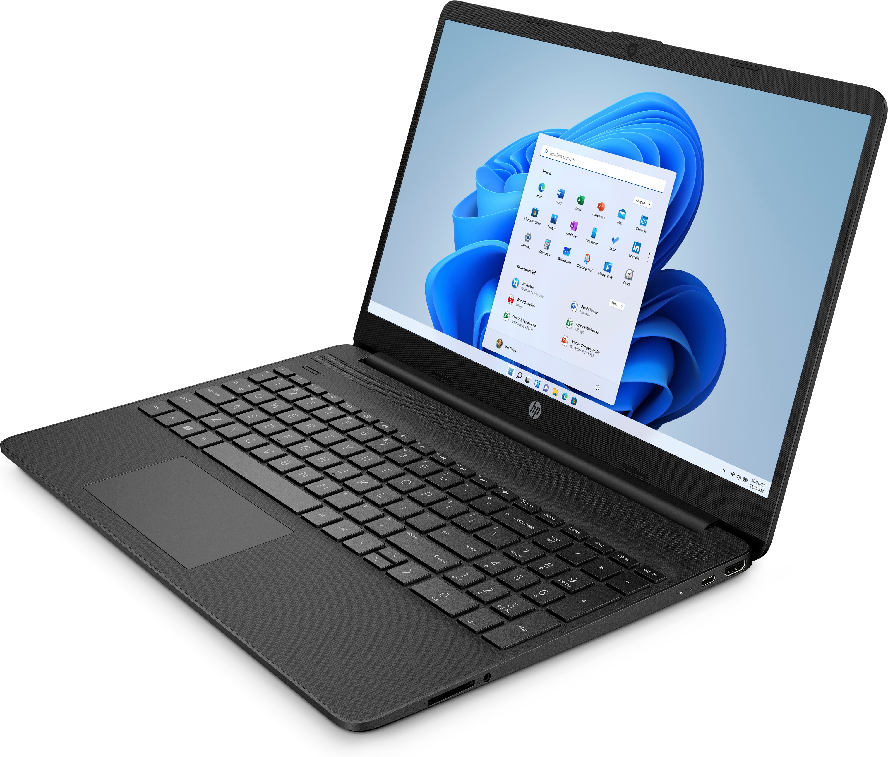 Czarny laptop z ekranem wyświetlającym pulpit systemu Windows. Laptop jest na białym tle.