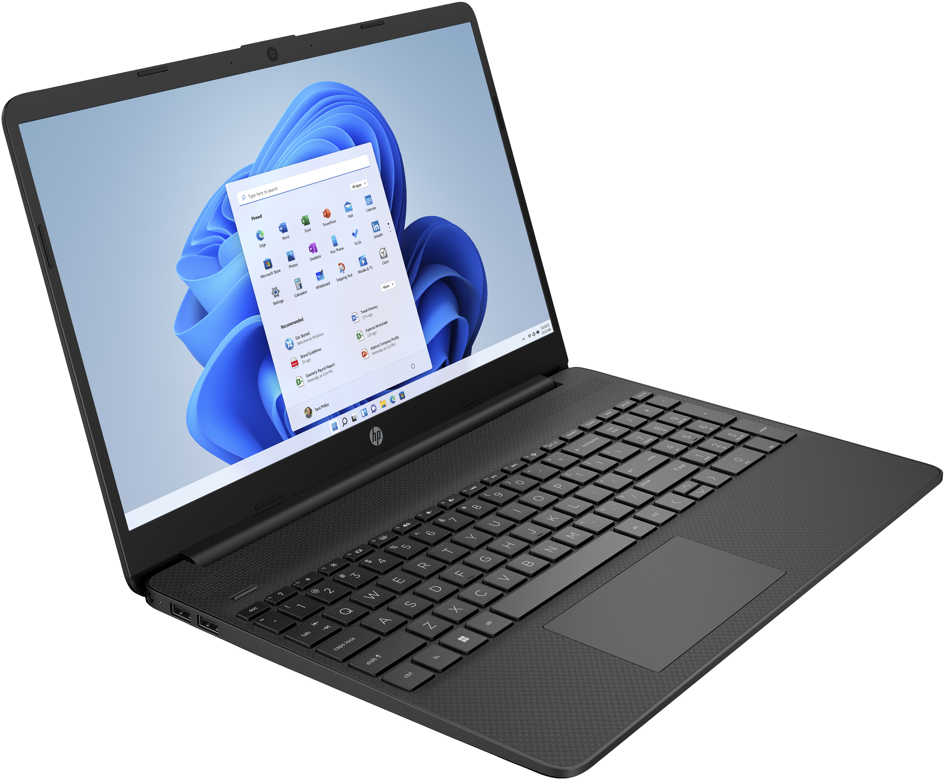 Czarny laptop HP, otwarty, pokazujący ekran z interfejsem Windows.