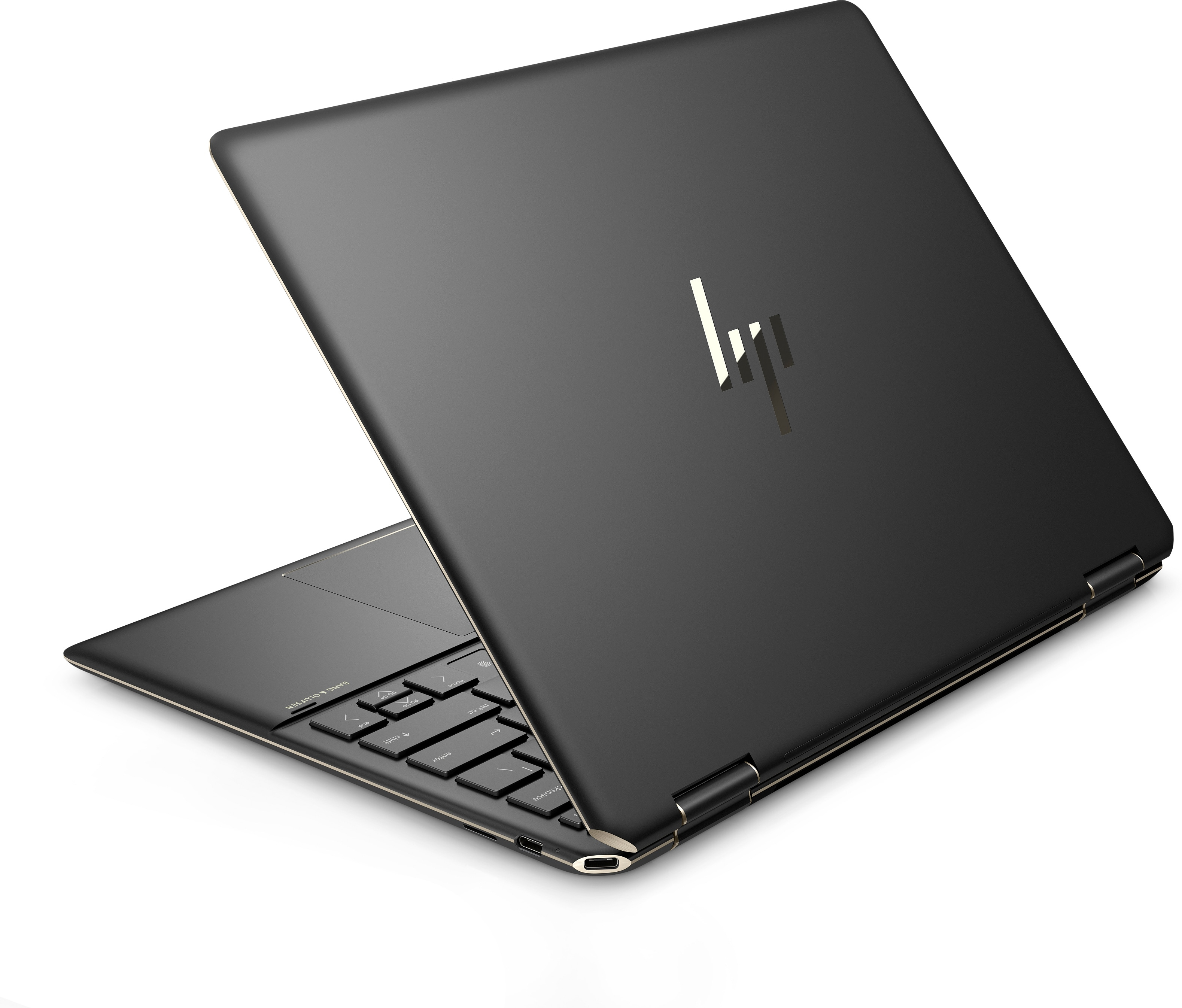 Schwarzer Laptop offen, Windows-Oberfläche, Touch-Symbol, schräge Ansicht, Design und Funktionalität.