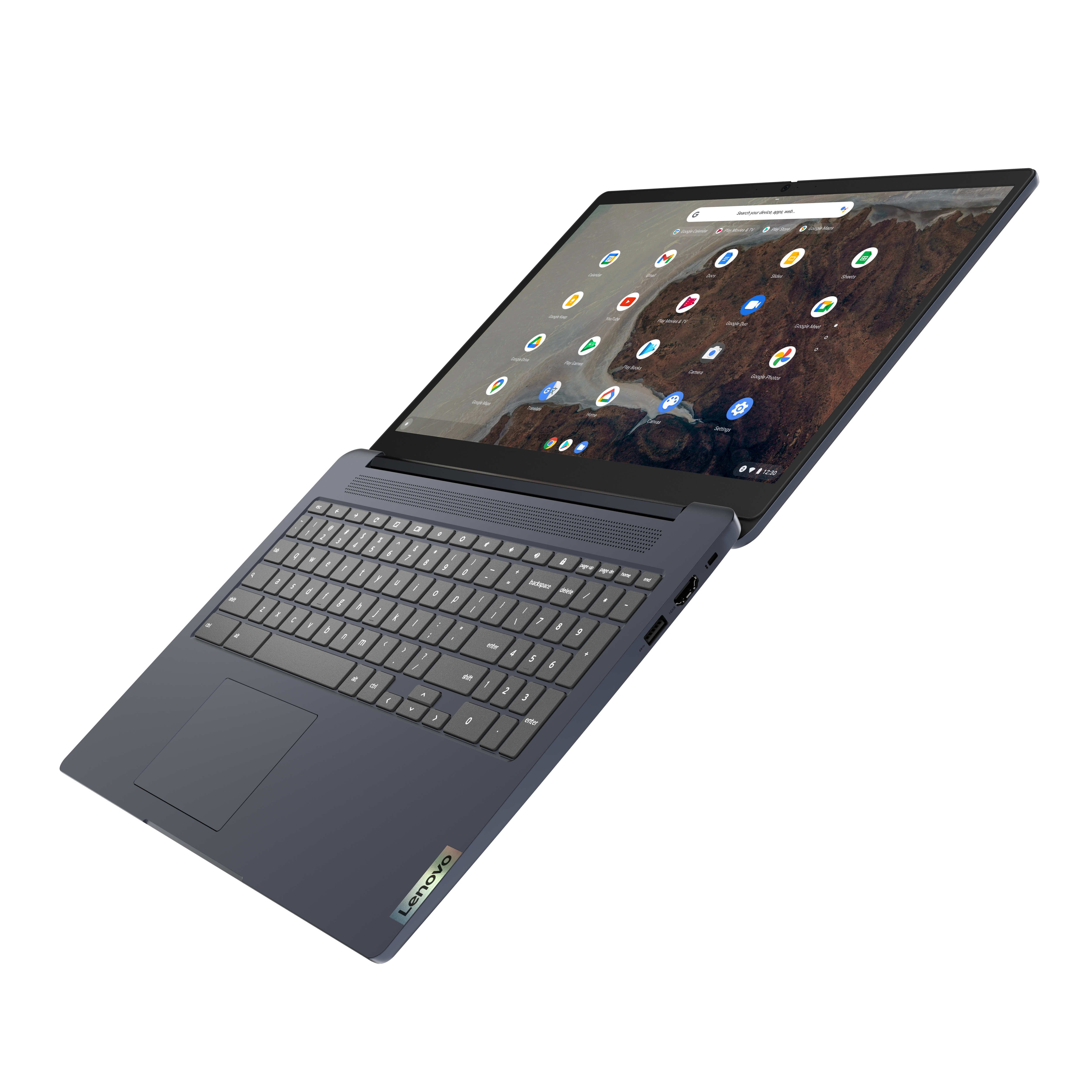 Geöffneter Laptop, Winkelansicht. Dunkelgrau, Tastatur sichtbar. Benutzeroberfläche auf dem Bildschirm.