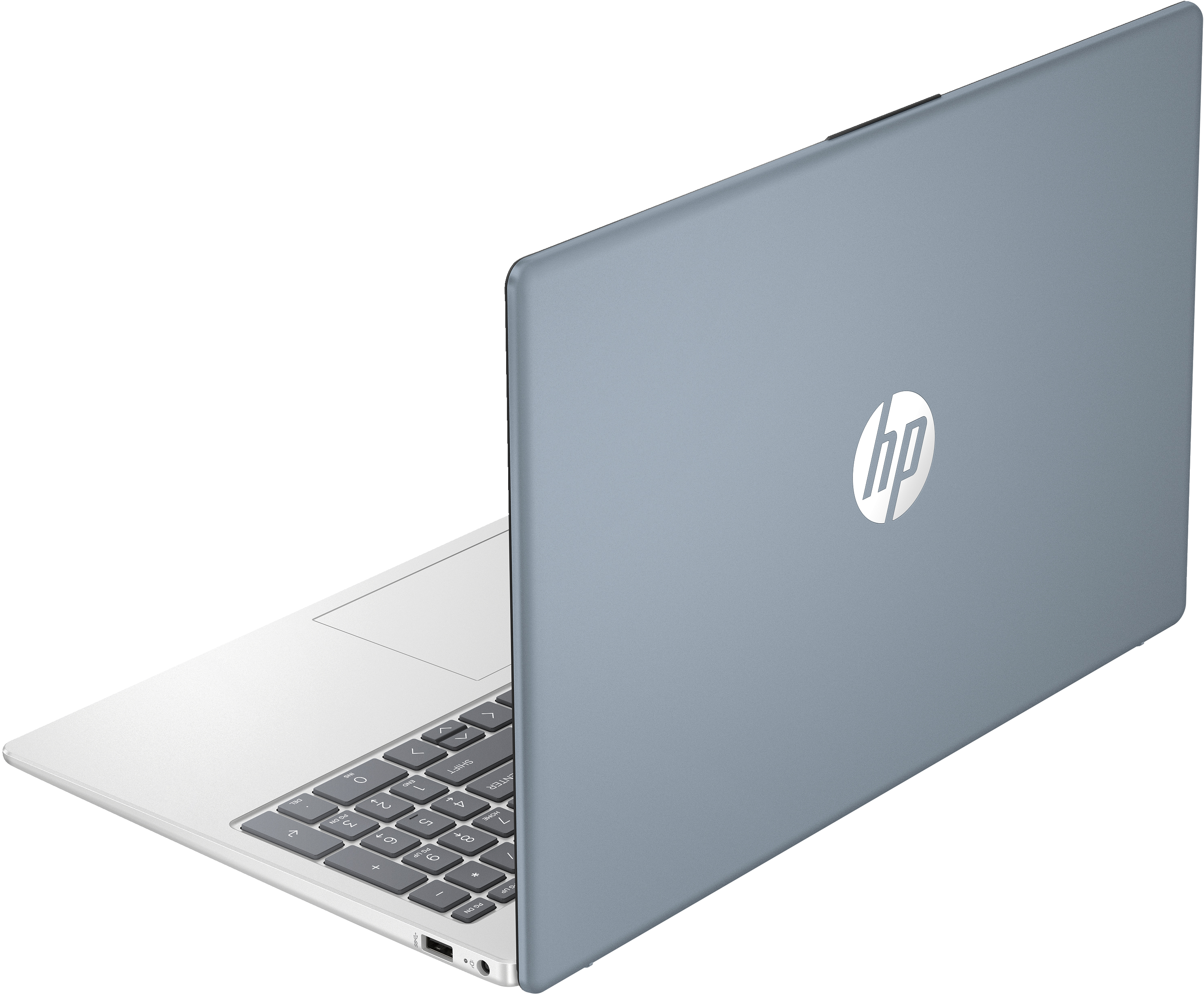 La parte trasera de un portátil plateado con el logotipo de HP en una tapa gris, sobre un fondo blanco.