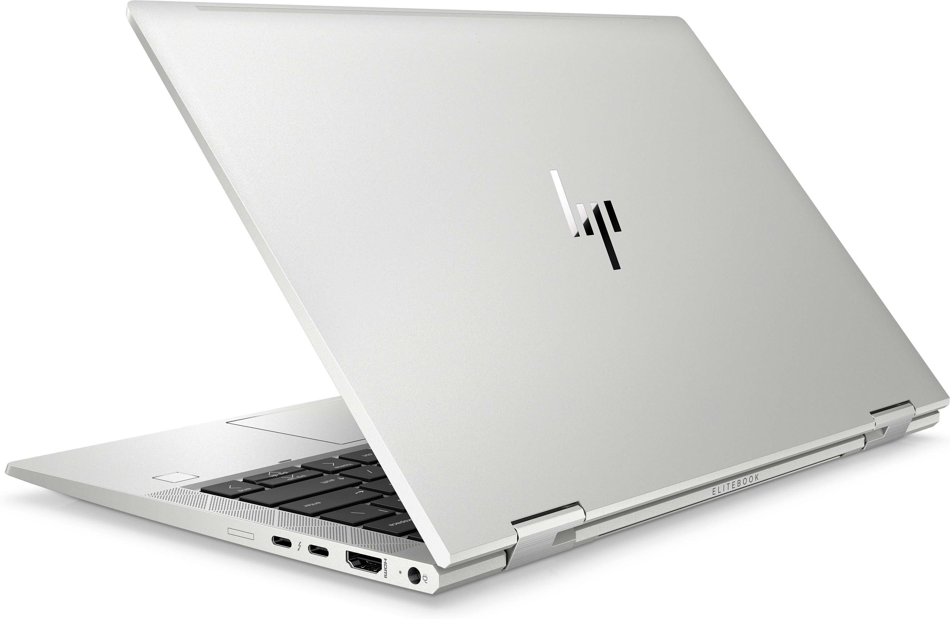 Silver laptop, partially open, HP logo visible on the back. The background is white.