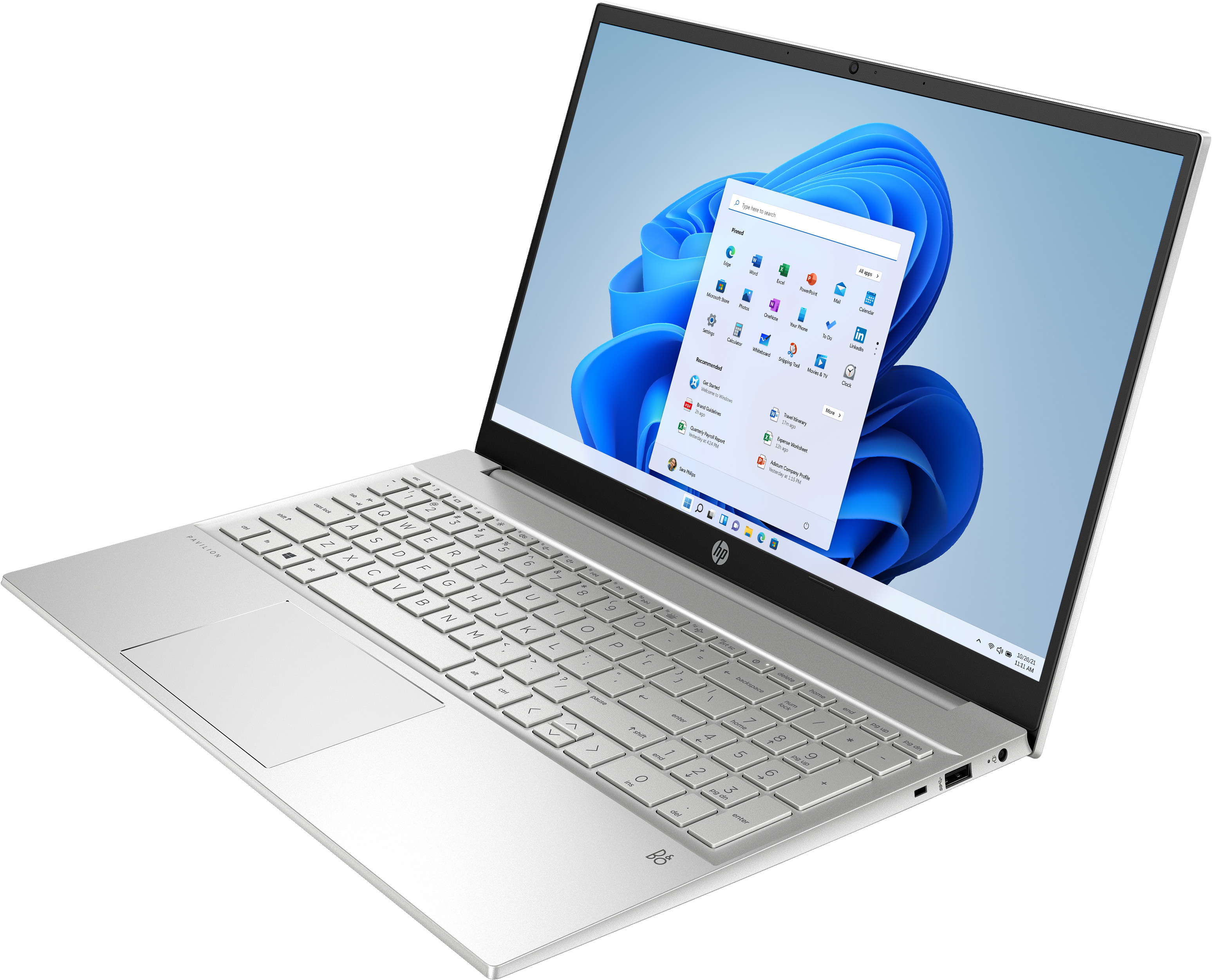 Srebrny laptop z otwartym ekranem, pokazujący interfejs Windows 11. Białe tło.