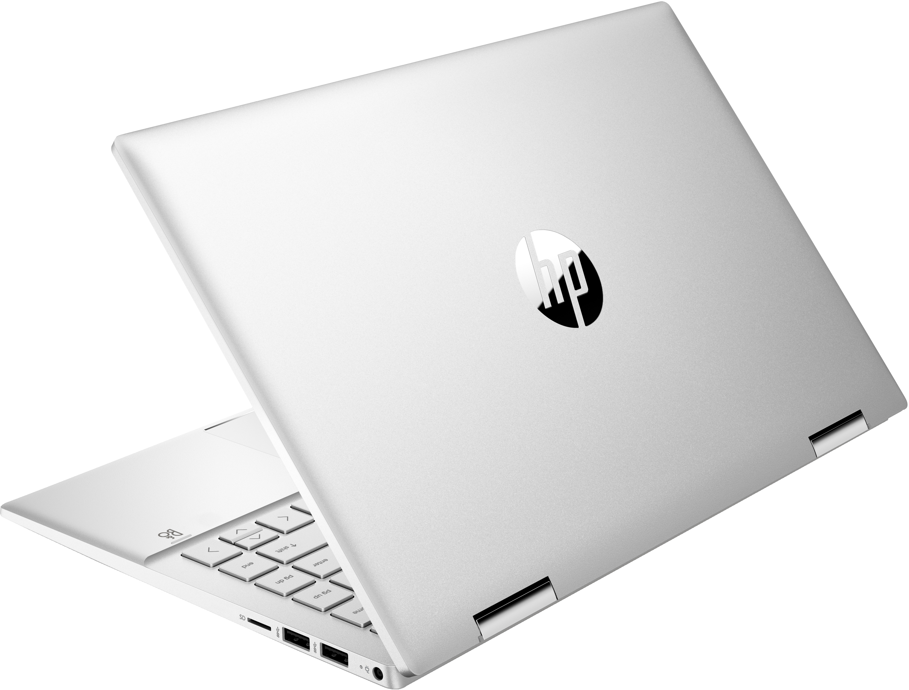 Srebrny laptop HP, lekko otwarty, widoczna klawiatura, logo HP z tyłu.