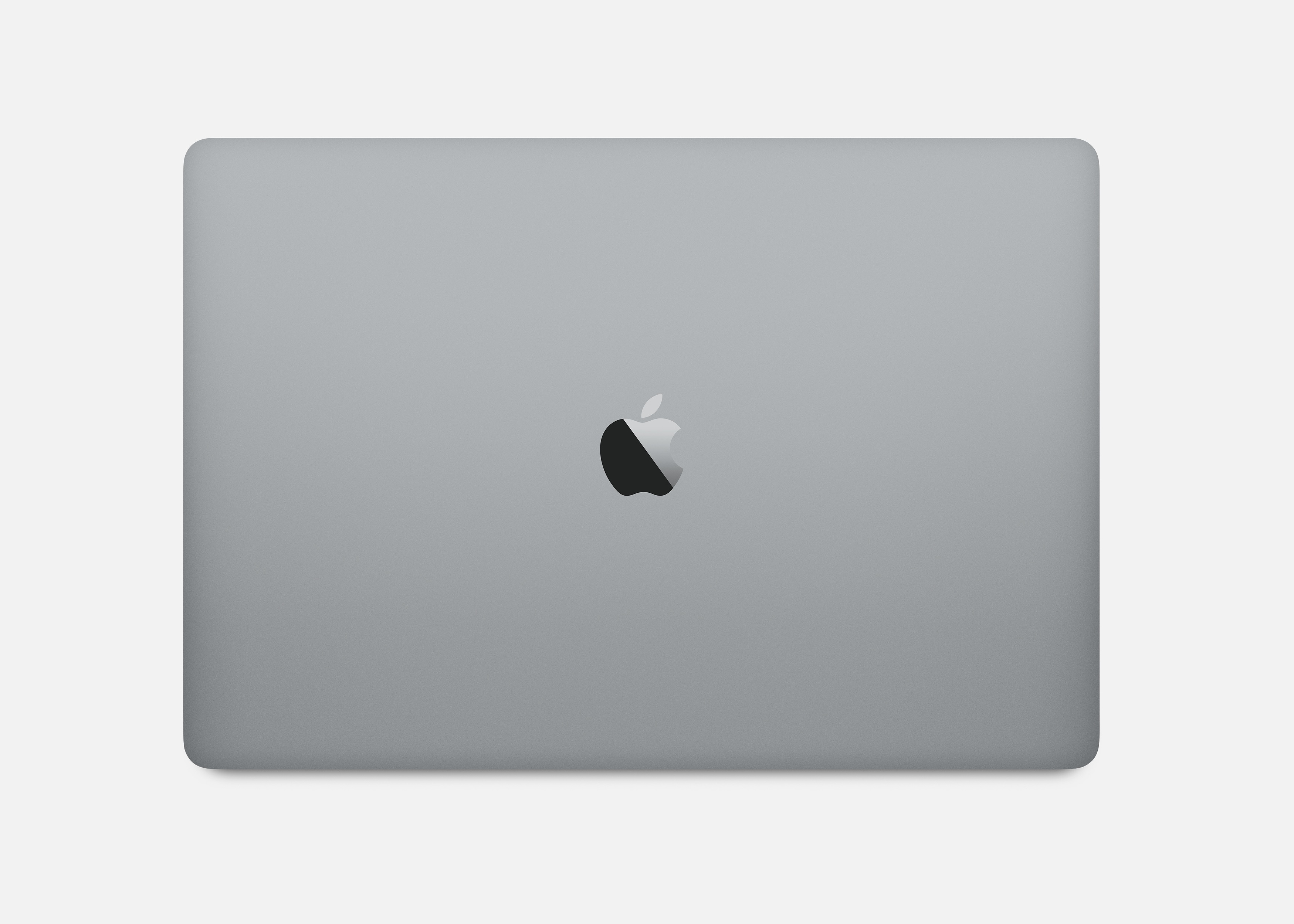 Laptop grigio. Logo Apple sulla parte superiore. Visto da dietro.