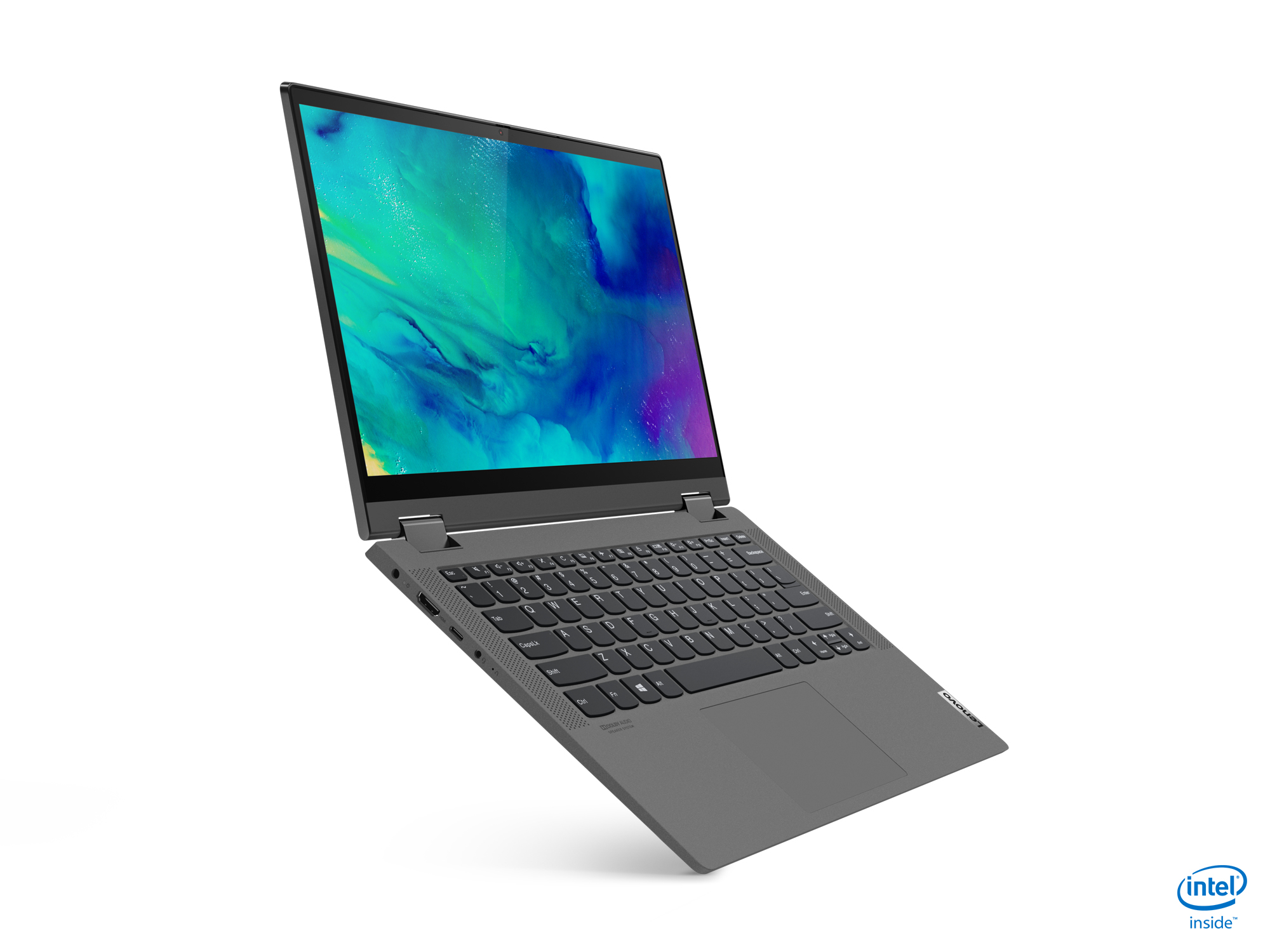Ein grauer Laptop, der in einem Winkel geöffnet ist und einen bunten Bildschirm zeigt.