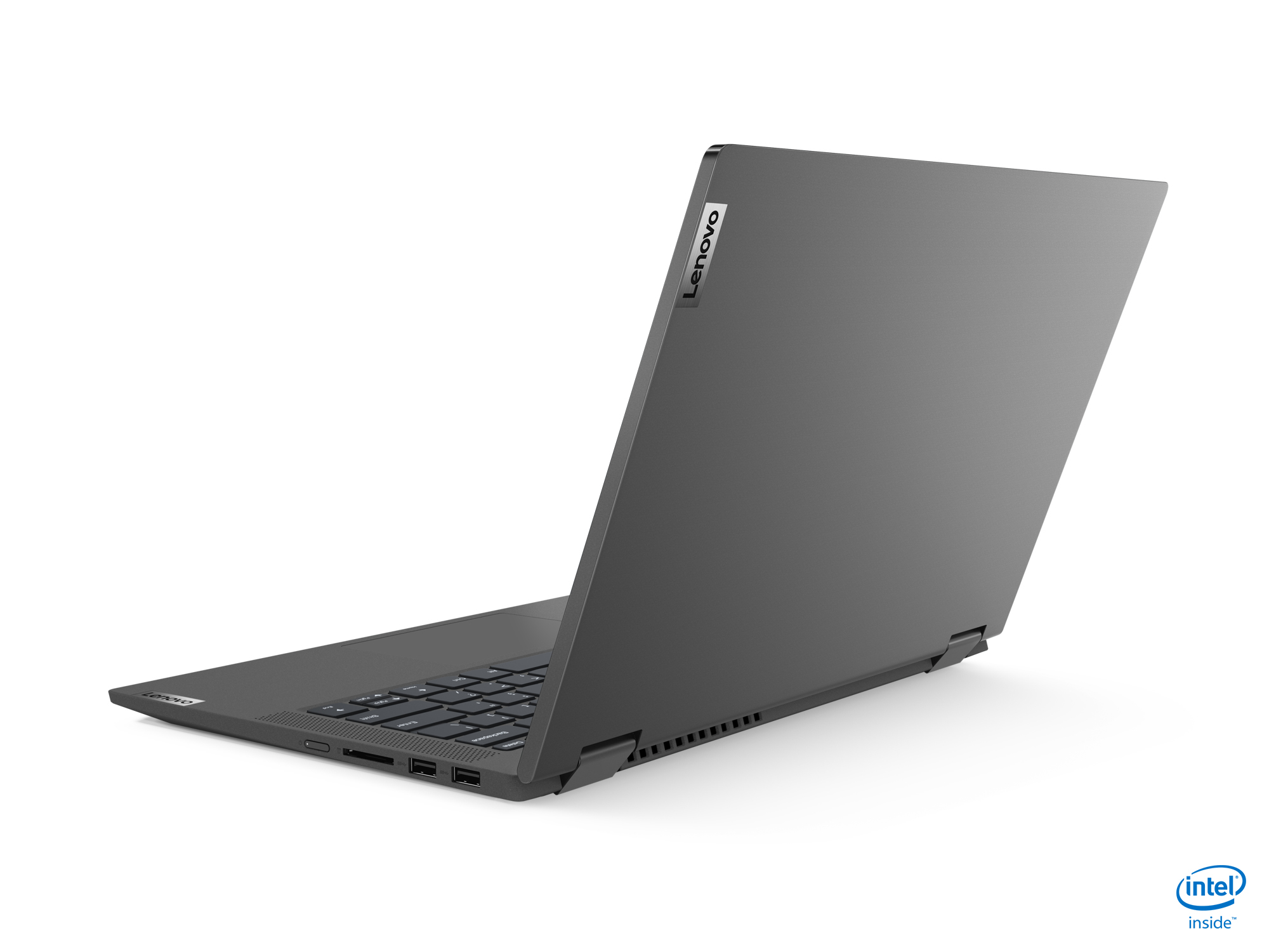 Laptop mit grauem Rücken und offenem Display.