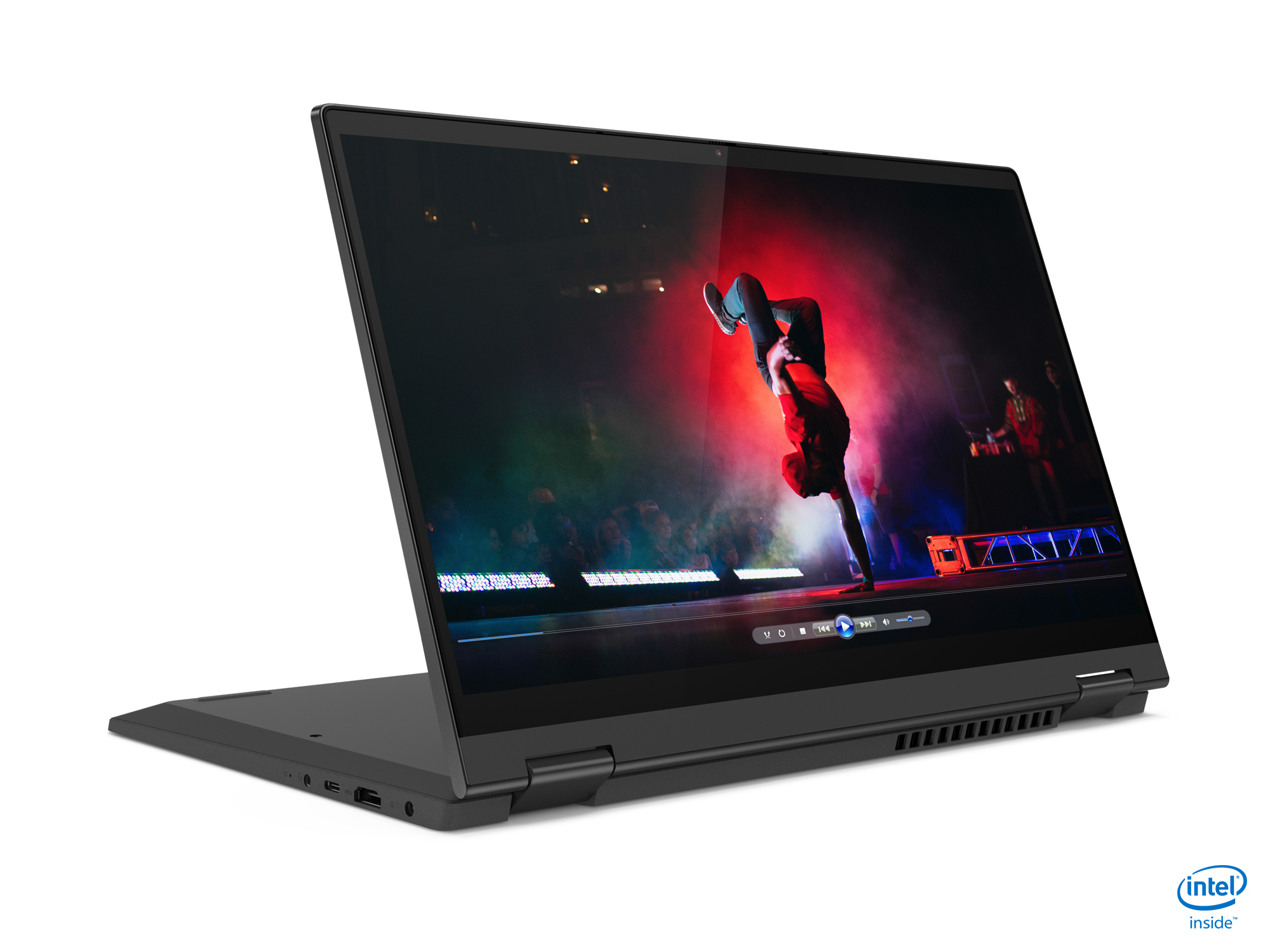 Laptop mit Bildschirm, der ein Video eines Breakdancers zeigt. Schwarzer Laptop auf weißem Hintergrund.