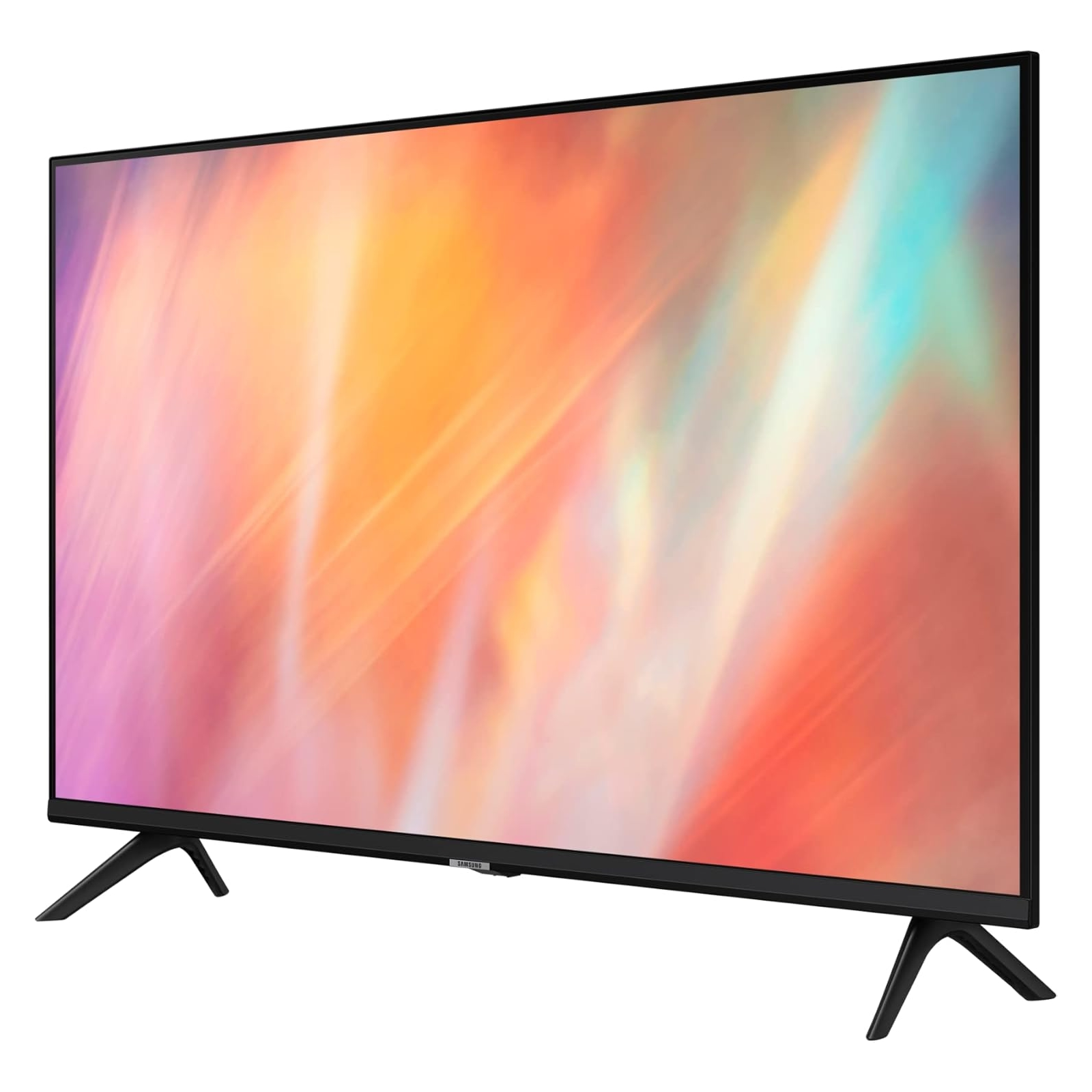 Un televisor Samsung con pantalla colorida. Está sobre un soporte y muestra colores abstractos.