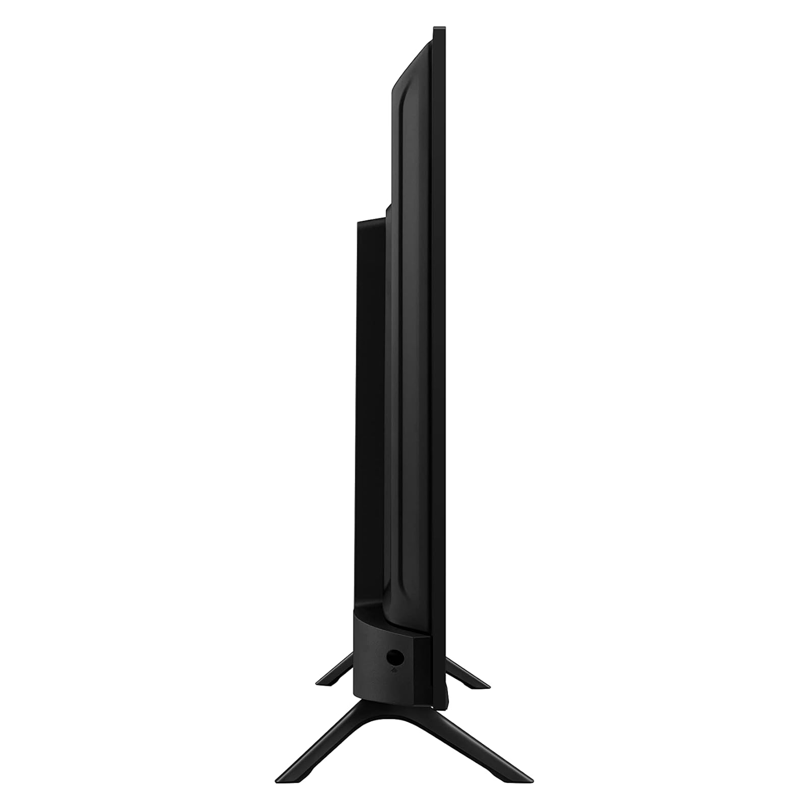 TV negro, vista lateral, con soporte. Diseño sencillo, marco negro y patas.