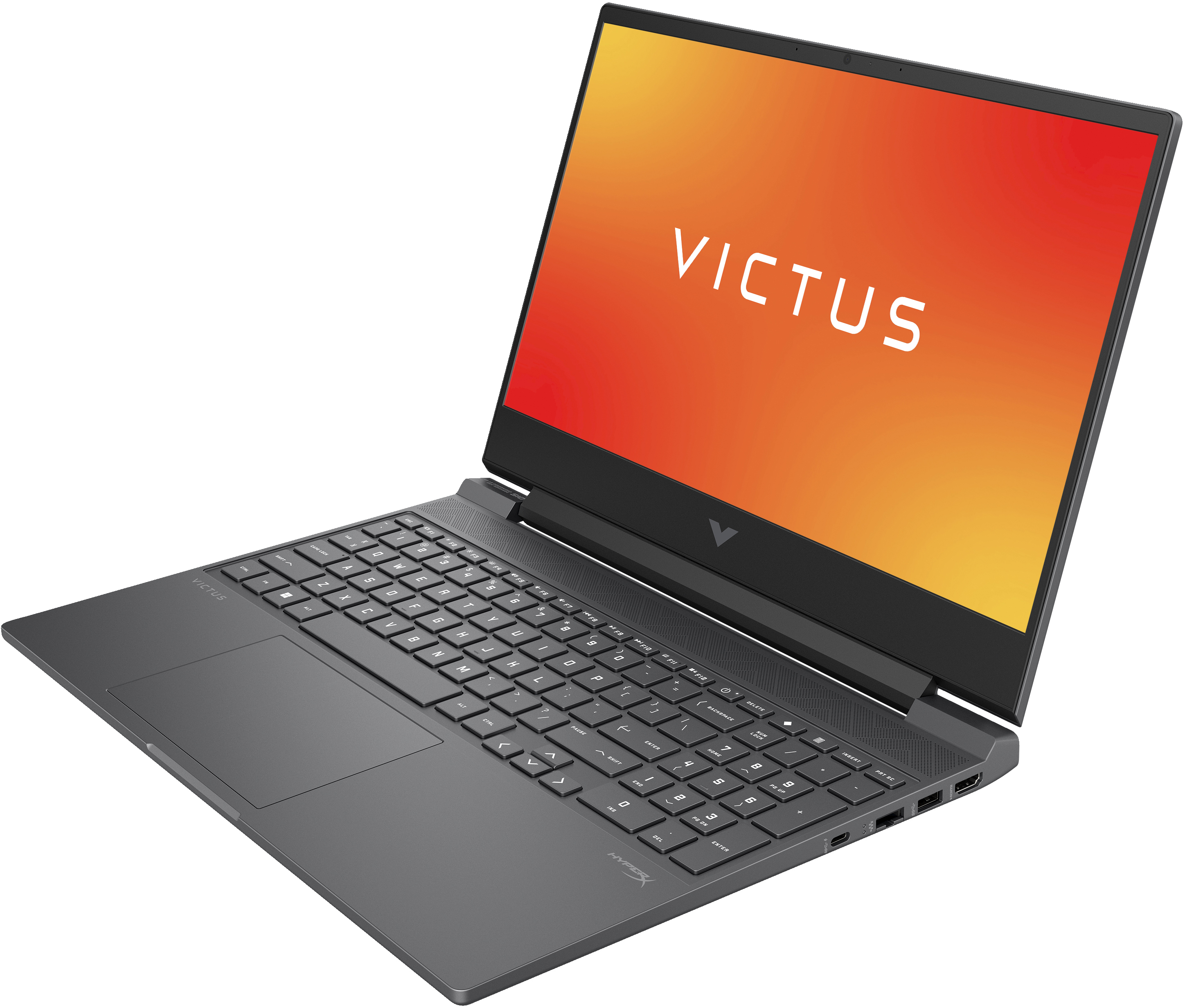 Ciemnoszary laptop Victus otwarty, wyświetlający czerwono-pomarańczowy gradient na ekranie.