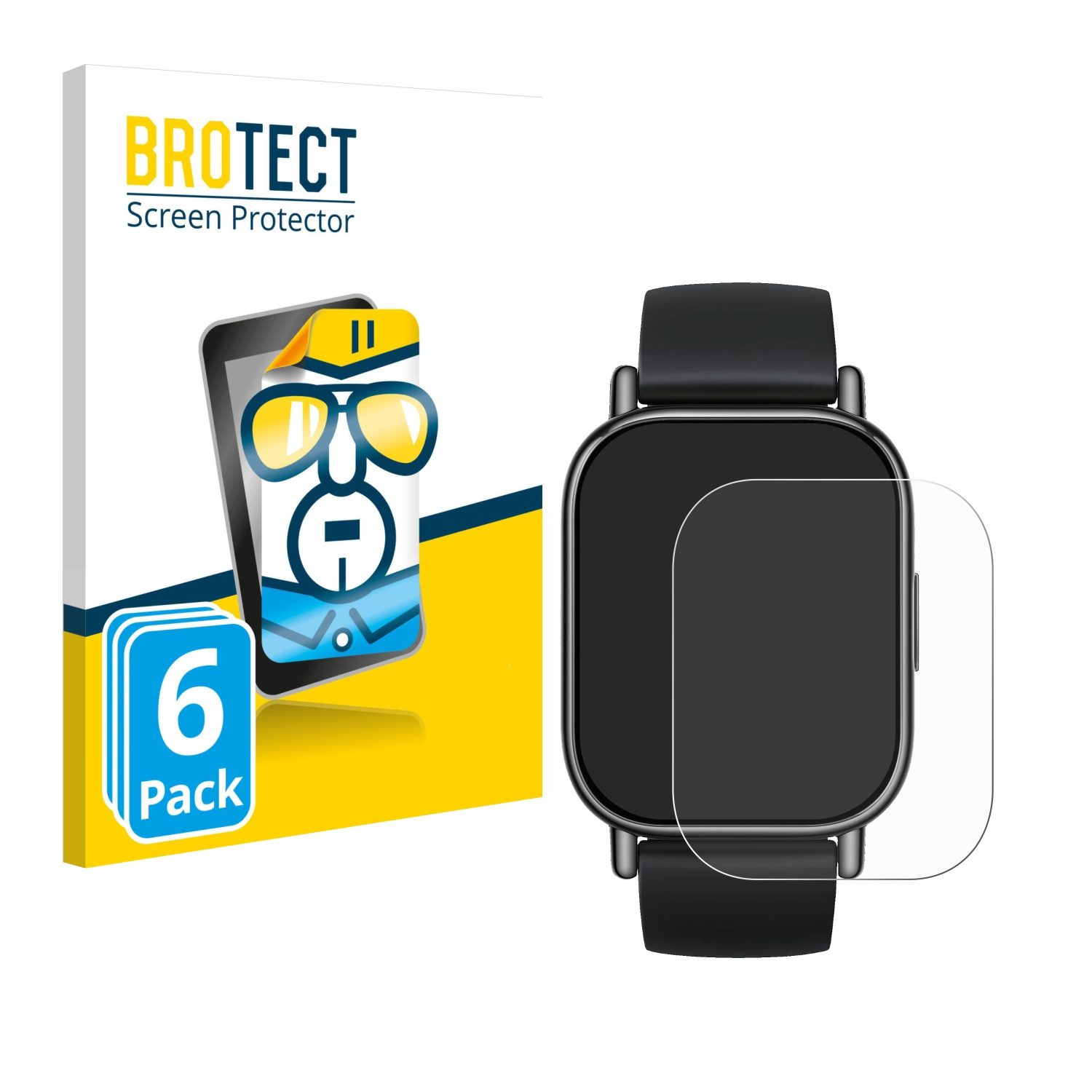 Eine Smartwatch mit Displayschutz und eine Schachtel mit Displayschutzfolien.