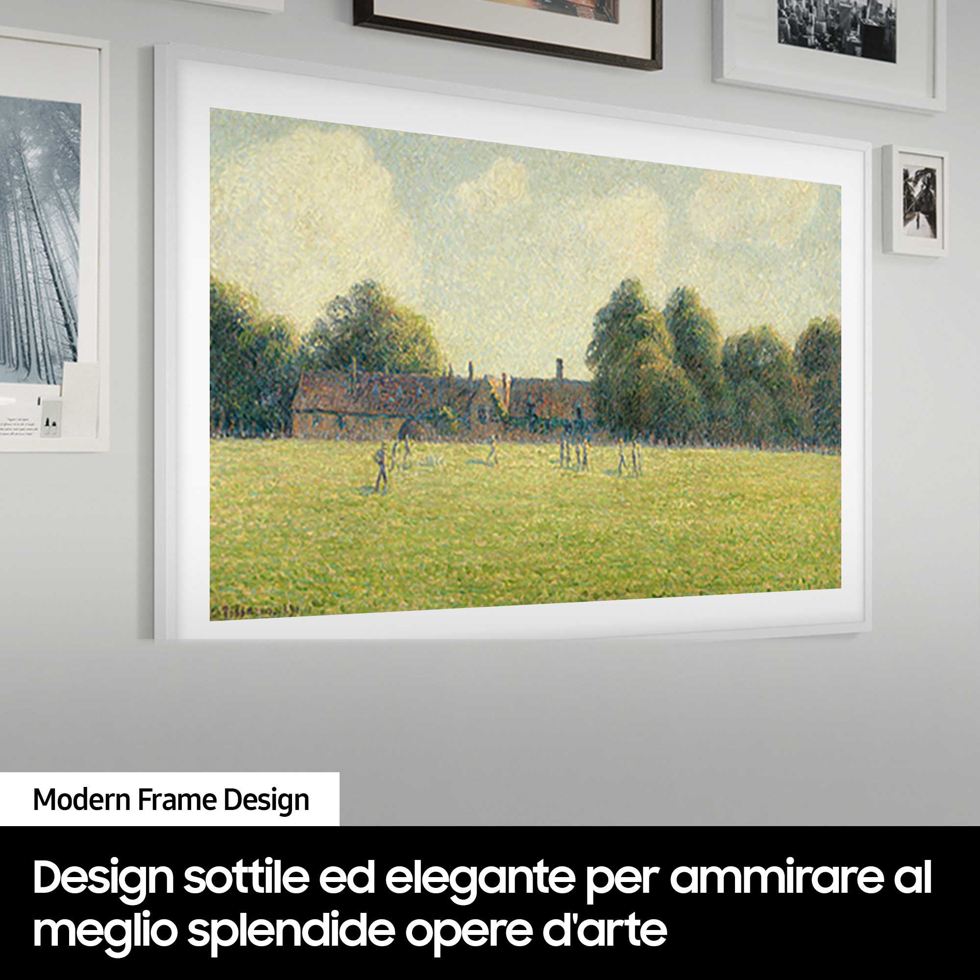 Un dipinto incorniciato di un paesaggio con una casa e un campo.