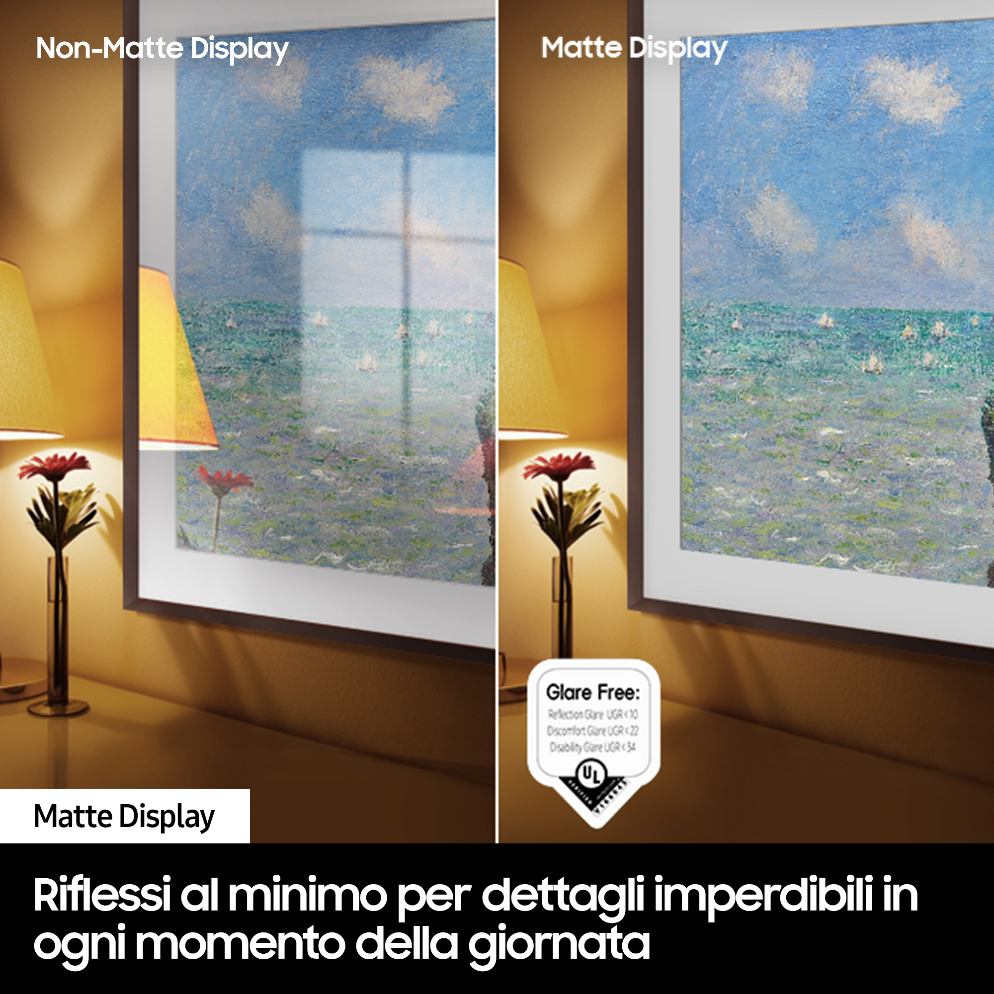 Due display affiancati. Uno mostra riflessi, l'altro opaco.