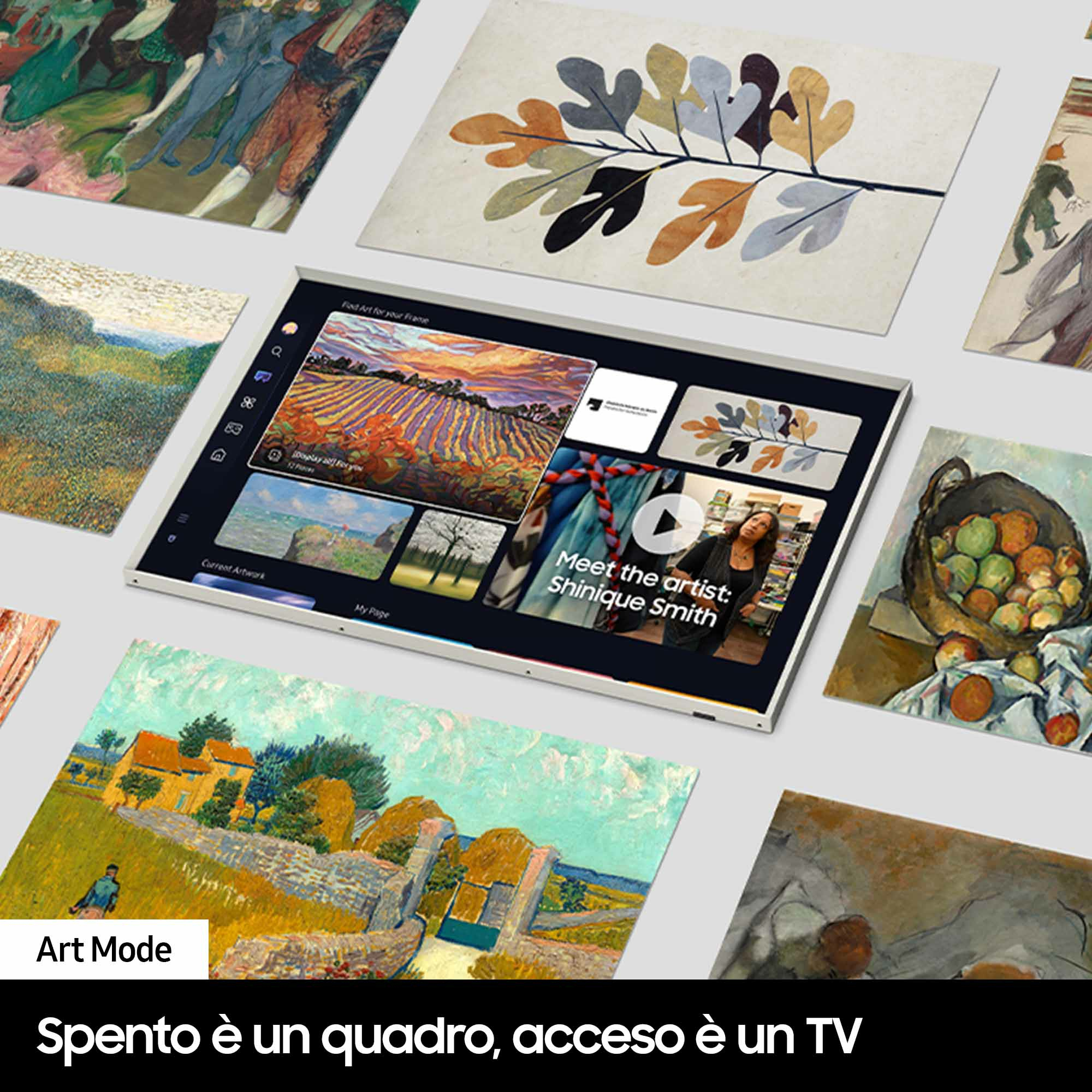 Una TV che mostra arte circondata da varie opere d'arte su sfondo bianco.