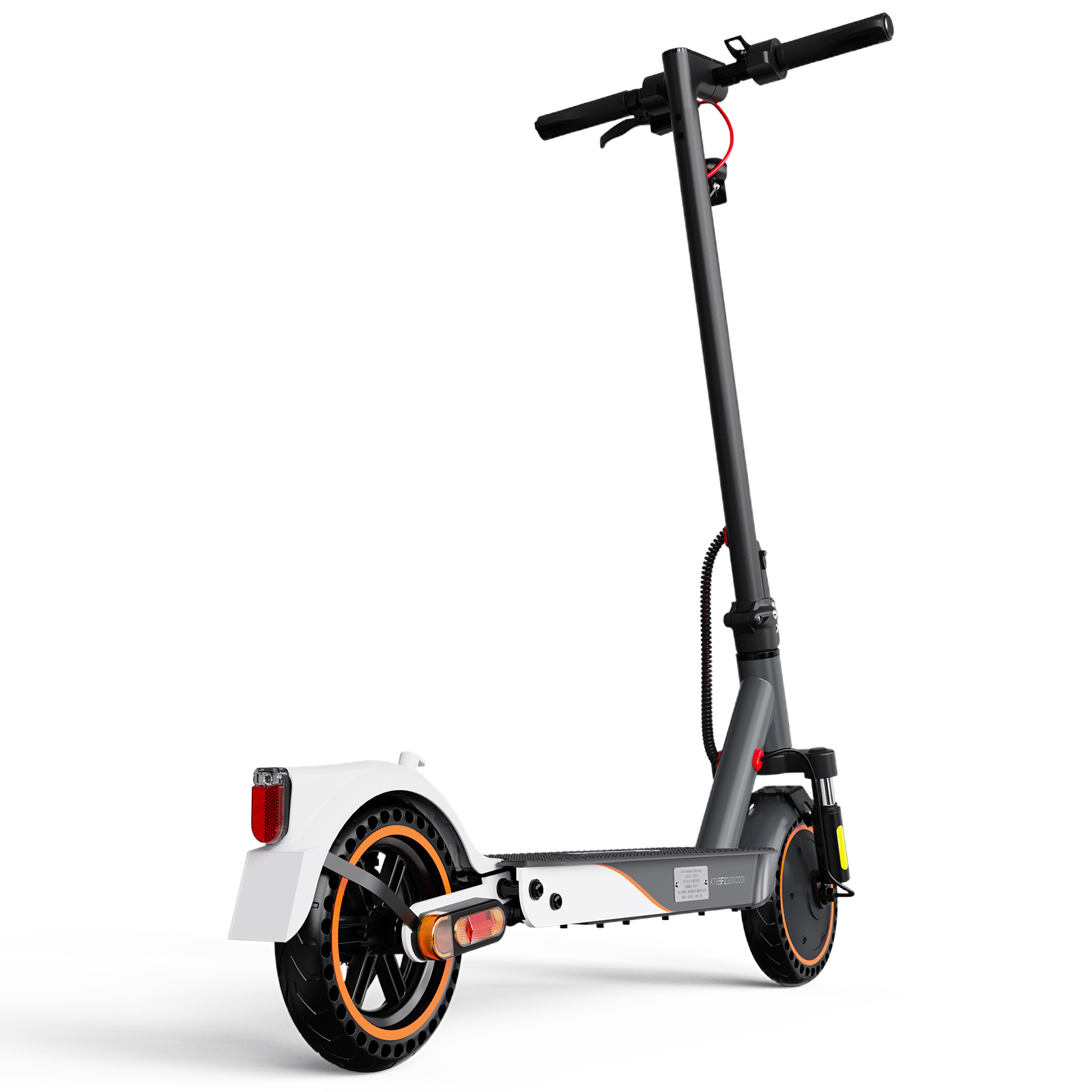 Weiß-schwarzer Elektroroller mit orangefarbenen Akzenten, Rückansicht, auf weißer Oberfläche.