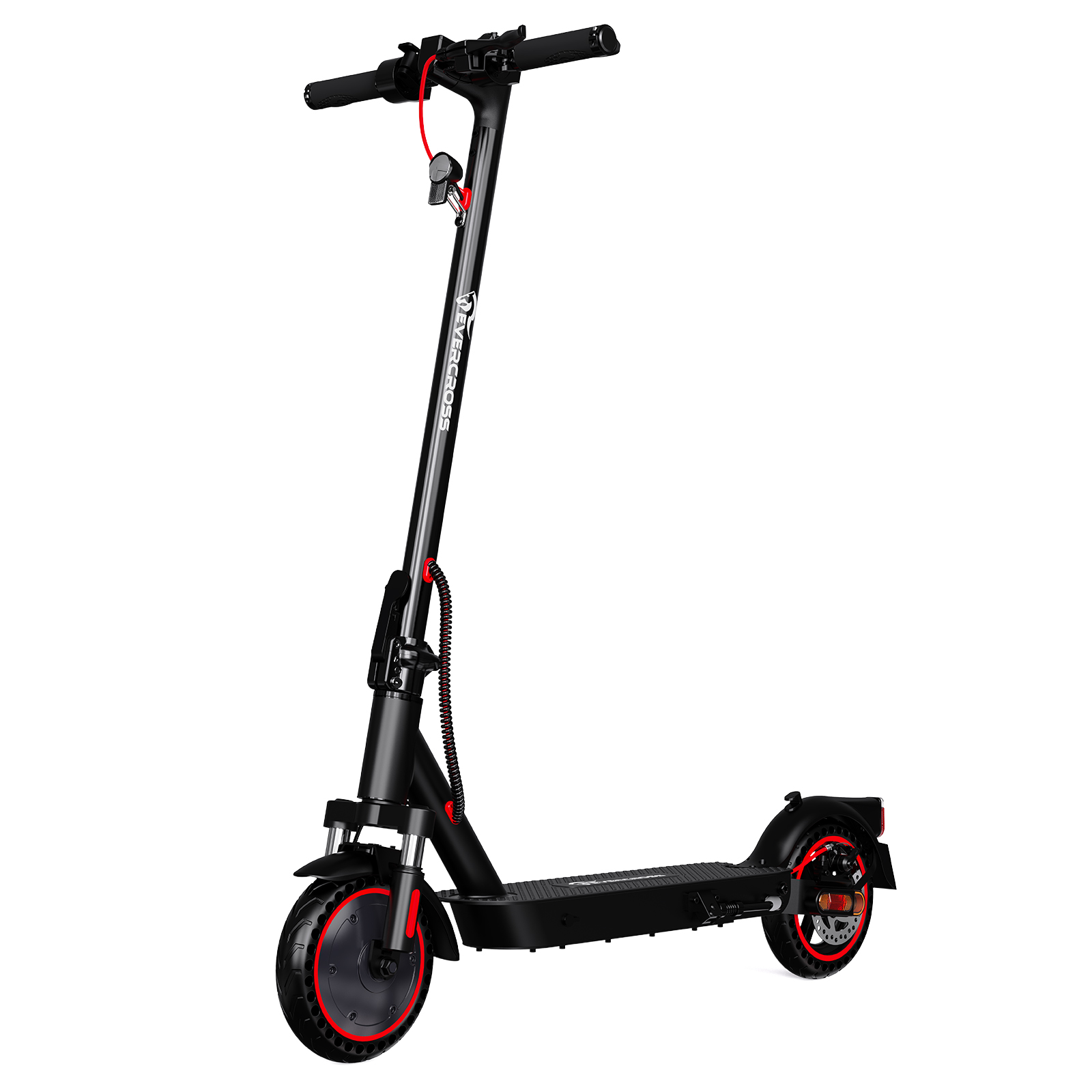 Scooter eléctrico negro sobre fondo blanco, acentos rojos y manillar negro.