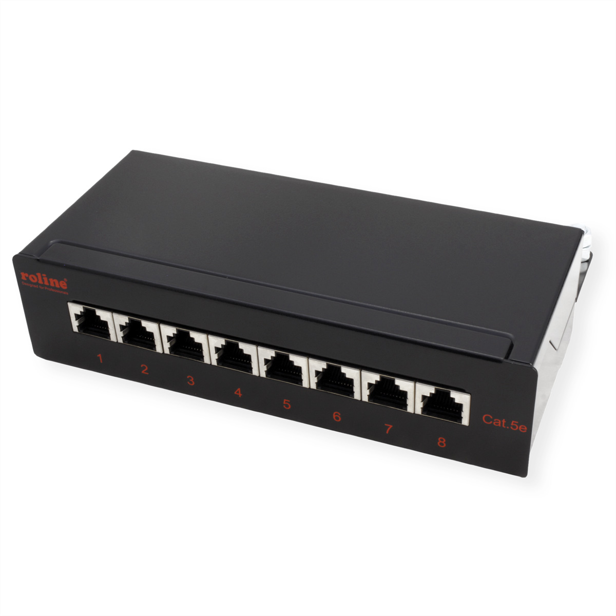 Schwarzer Netzwerk-Switch mit acht Anschlüssen, beschriftet 1-8. Weiße Anschlüsse, schwarzes Gehäuse.