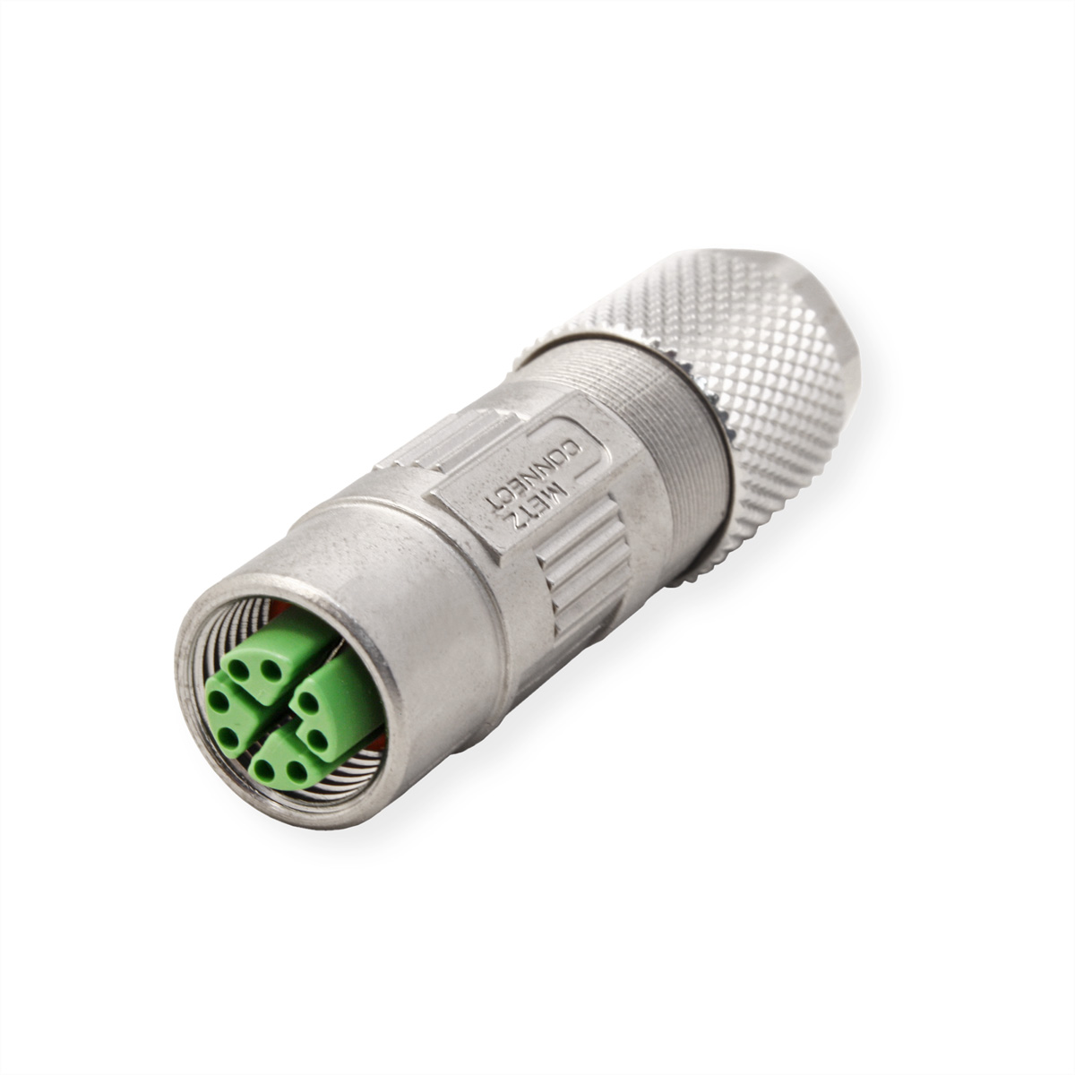 Connecteur métallique argenté avec inserts verts. Il est incliné, sur fond blanc.