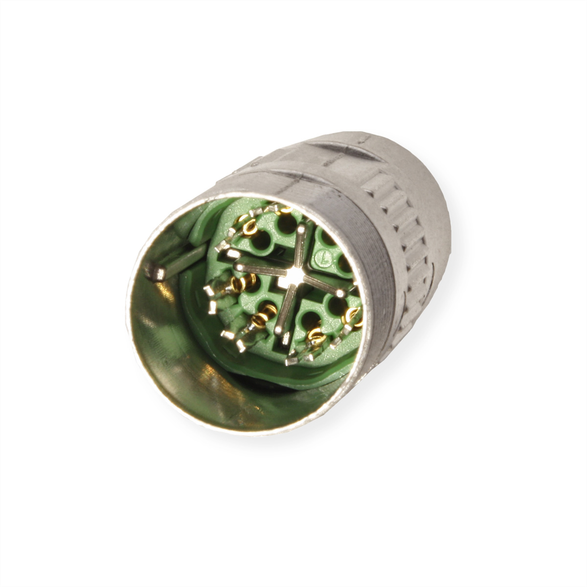 Un connecteur gris métallique avec intérieur vert et broches dorées, vu de dessus sur fond blanc.