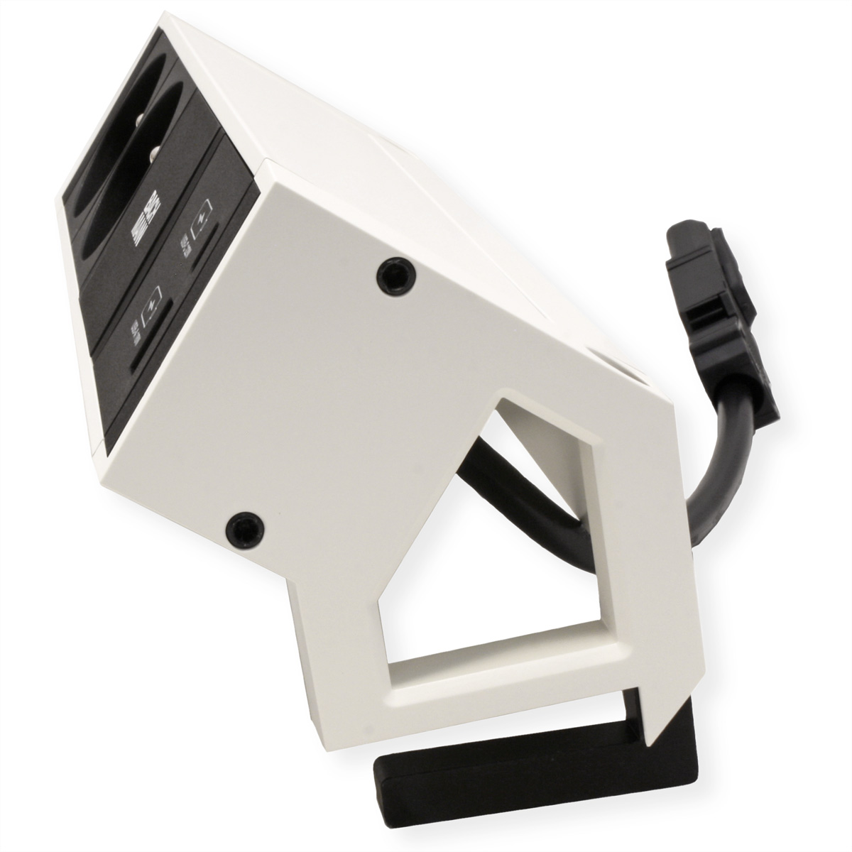 Une multiprise blanche avec deux prises et des ports USB. Le cordon d'alimentation est noir.