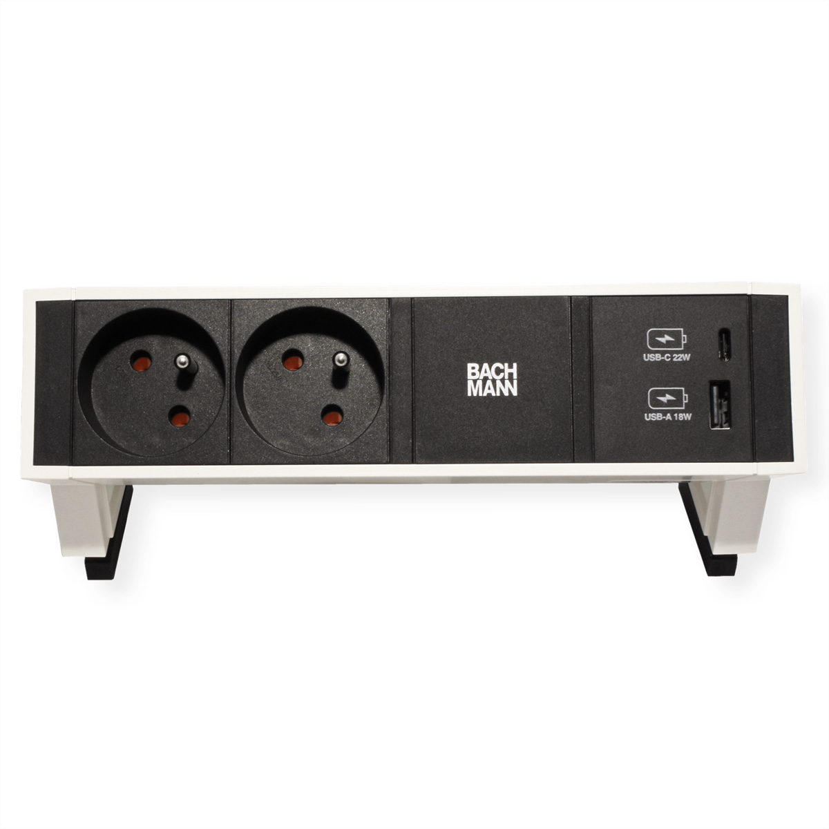 Une prise de courant blanche et noire avec deux prises et des ports USB, fixée au mur.