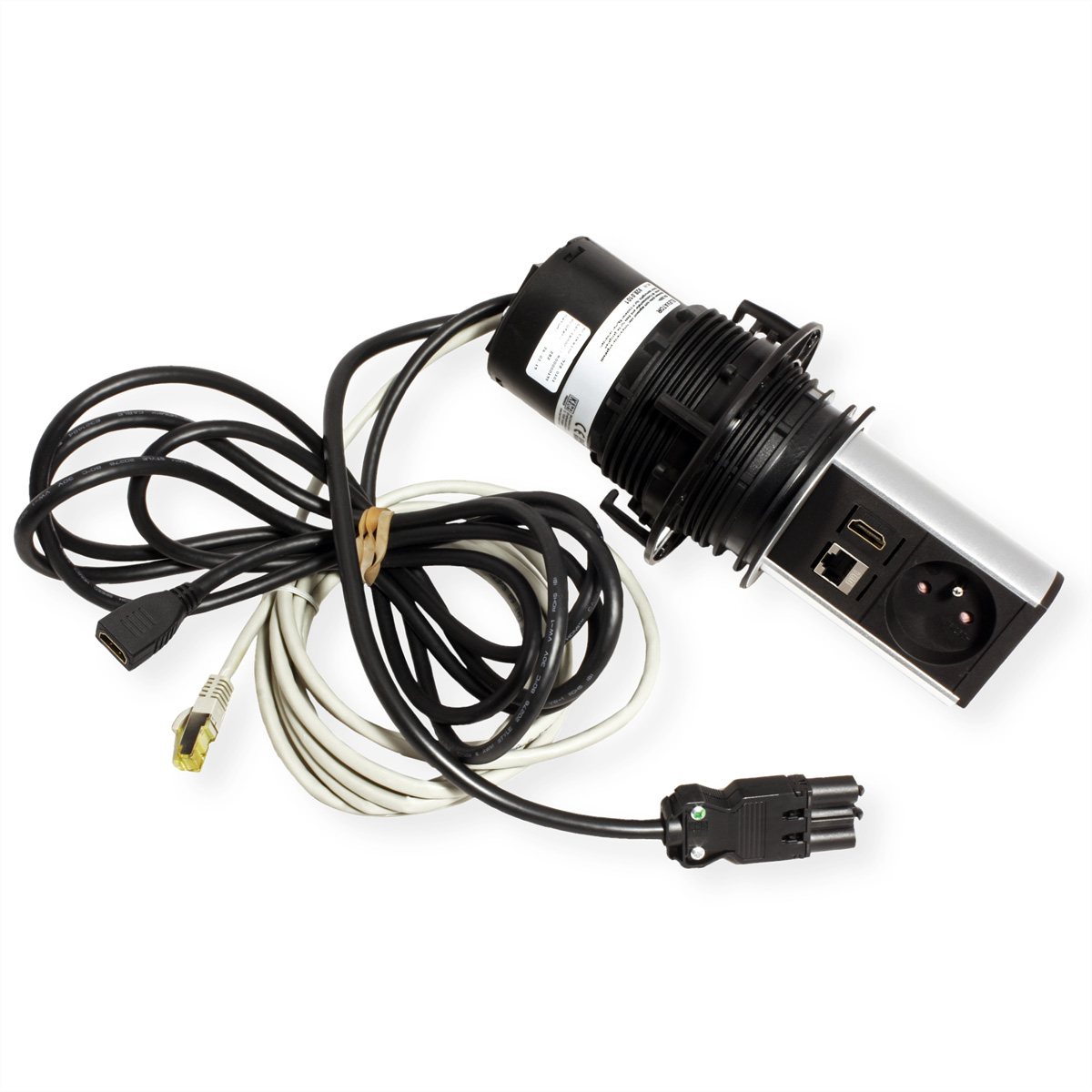 Una presa di corrente con porte HDMI, USB ed Ethernet, con diversi cavi collegati.