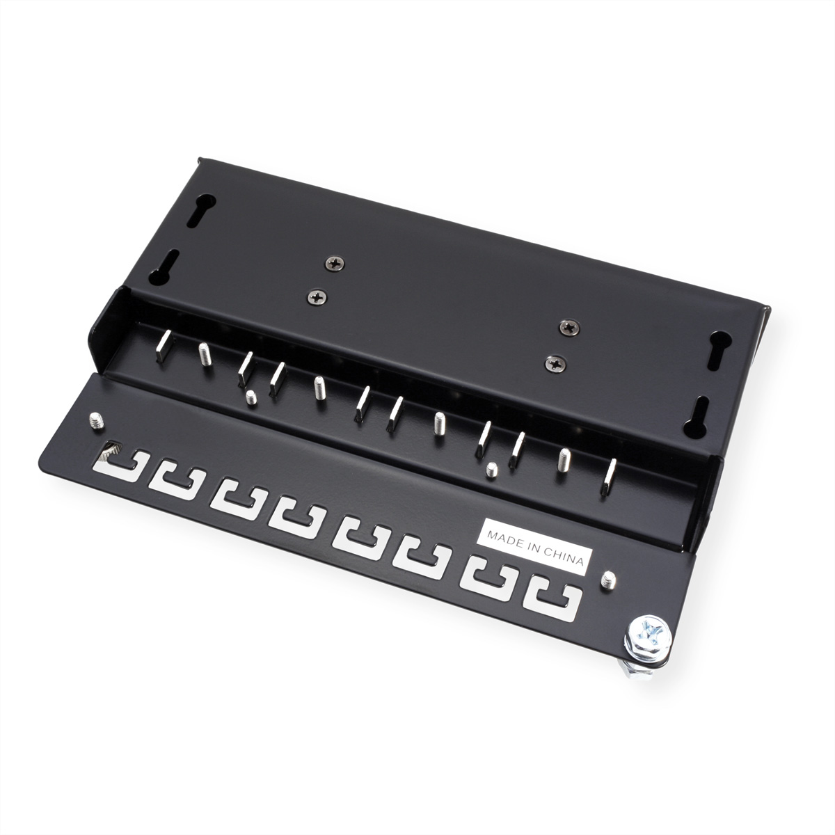 Schwarzer Metall-Montagehalter mit Haken und Löchern und Schrauben. Made in China.