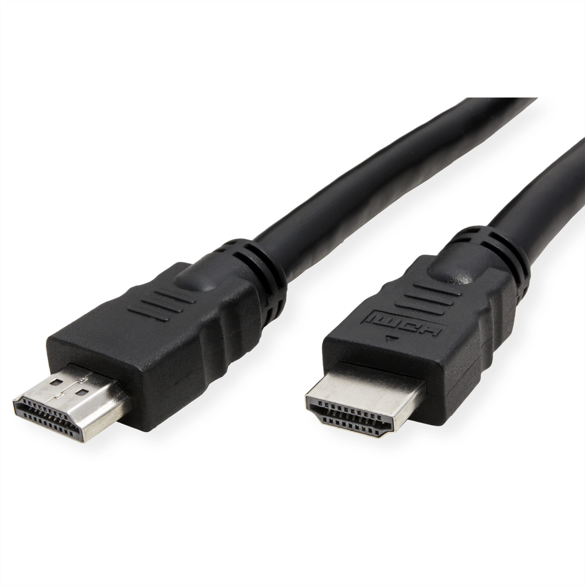 Zwarte HDMI-kabel met twee connectoren. De connectoren zitten aan beide uiteinden van de kabel.