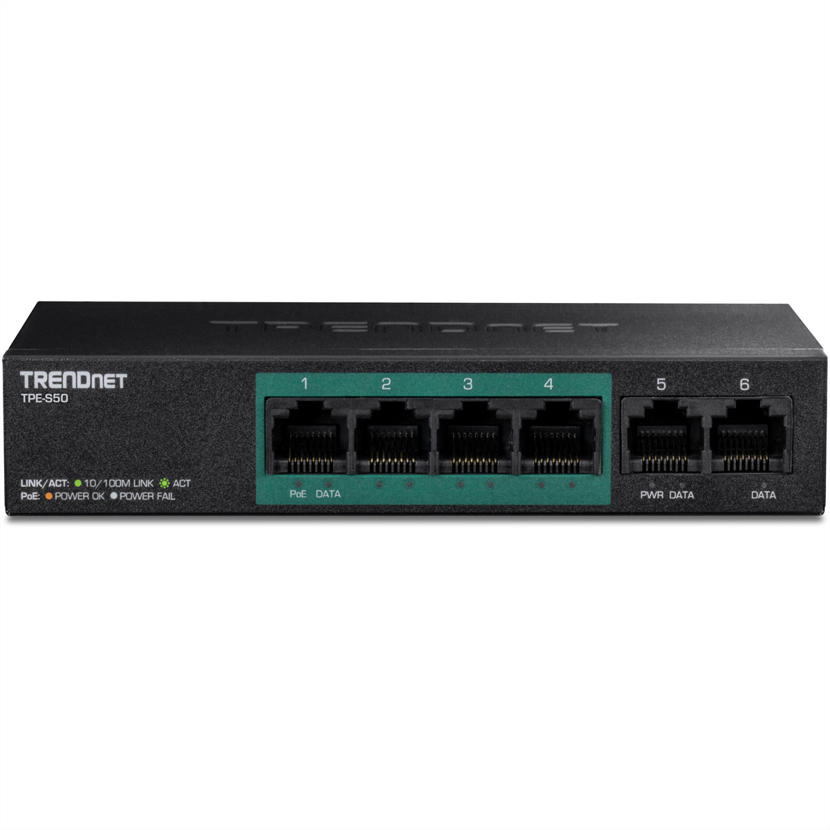 Schwarzer Trendnet TPE-S50 Netzwerk-Switch mit sechs Ports für Datenverbindungen und PoE.