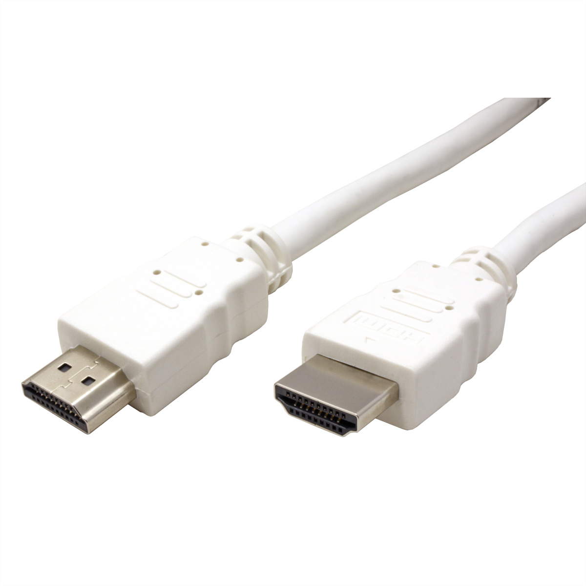 Witte HDMI-kabel met connectoren op een witte achtergrond. De kabel is gebogen.