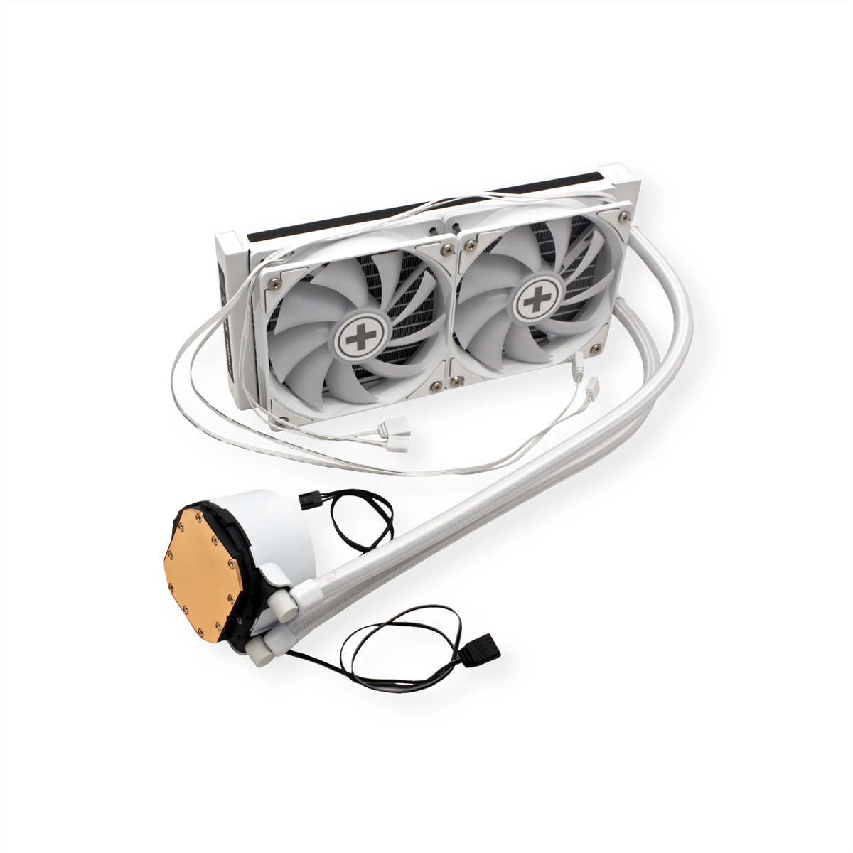 Wit computerkoelsysteem met twee ventilatoren, buizen en een koperen blok.