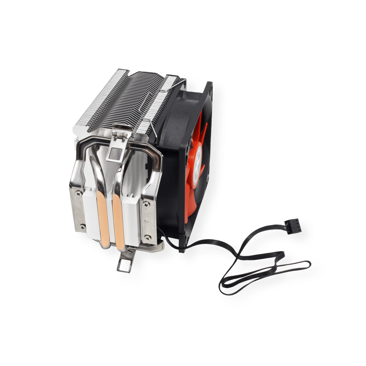 PC-koeler met zilveren vinnen, koperen buizen en een zwarte ventilator met een oranje centrum, op wit.