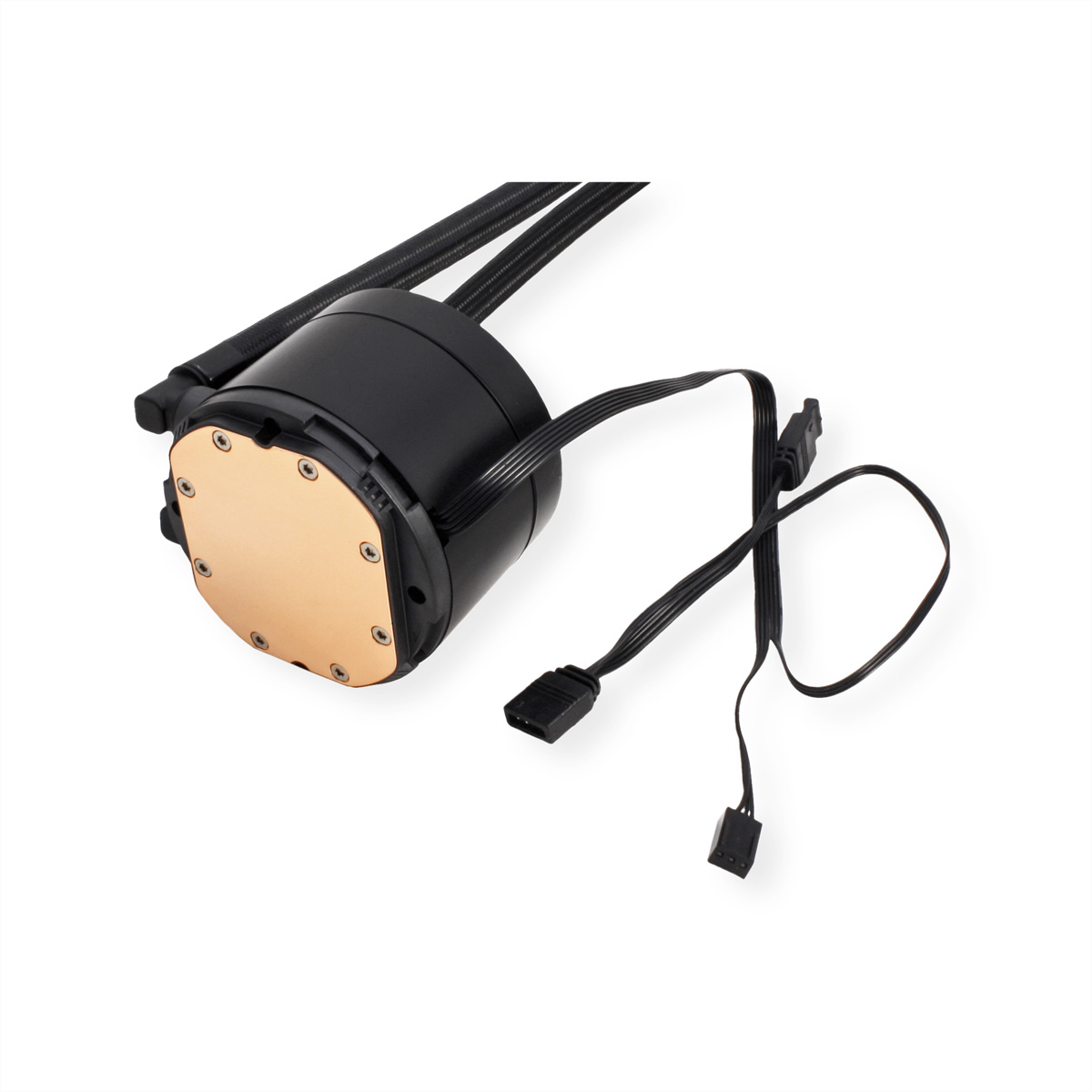 Czarny system chłodzenia cieczą z miedzianą płytą i wieloma czarnymi rurkami.