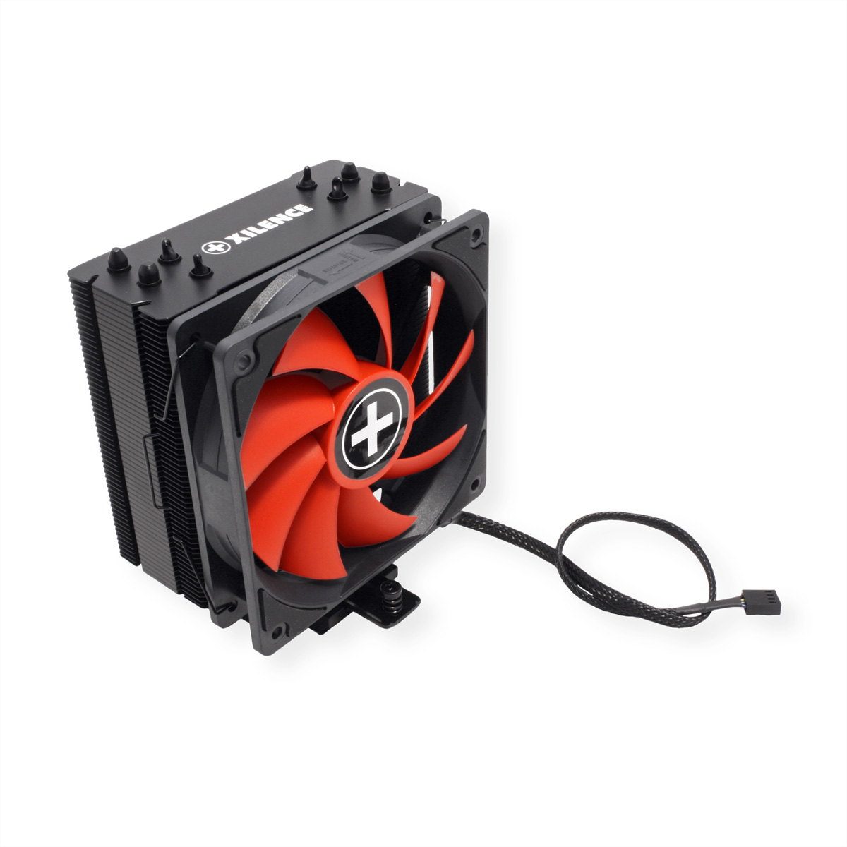 Ventilateur d'ordinateur noir avec pales rouges, connecté à un câble noir.