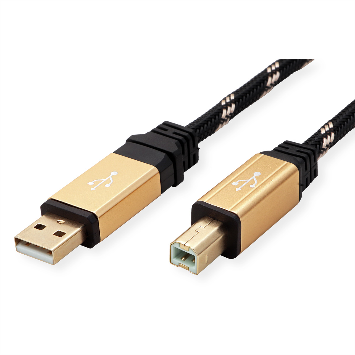 Two USB cables, gold connectors, and a black and gold braided cable. White background.