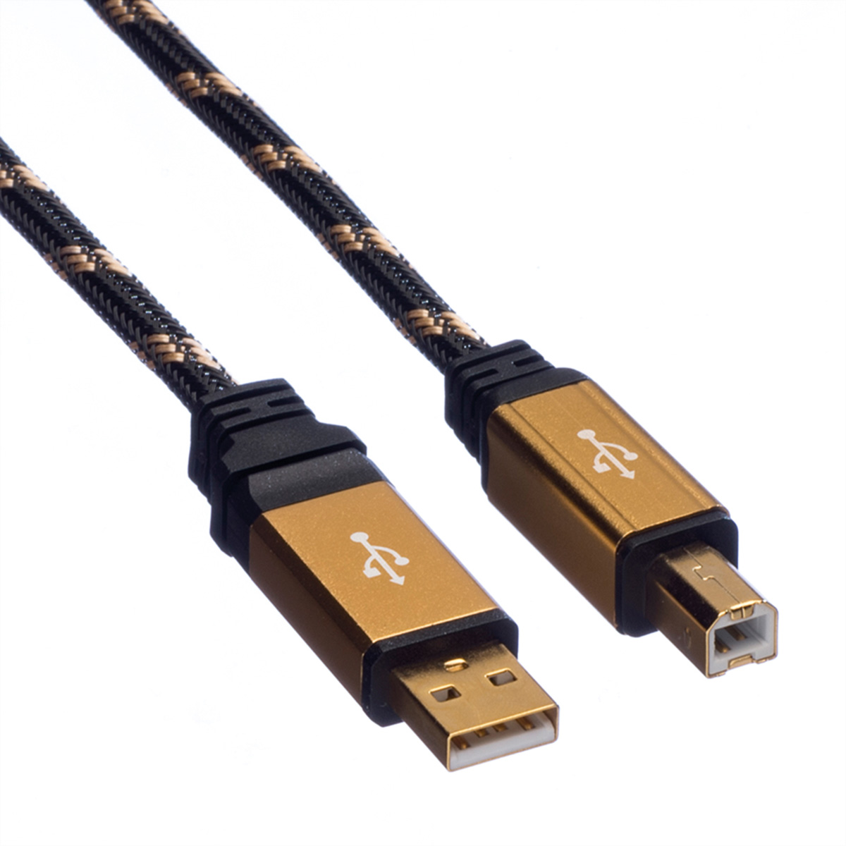 Two gold USB cables, with black and tan braided texture. The USB connectors are gold-colored.