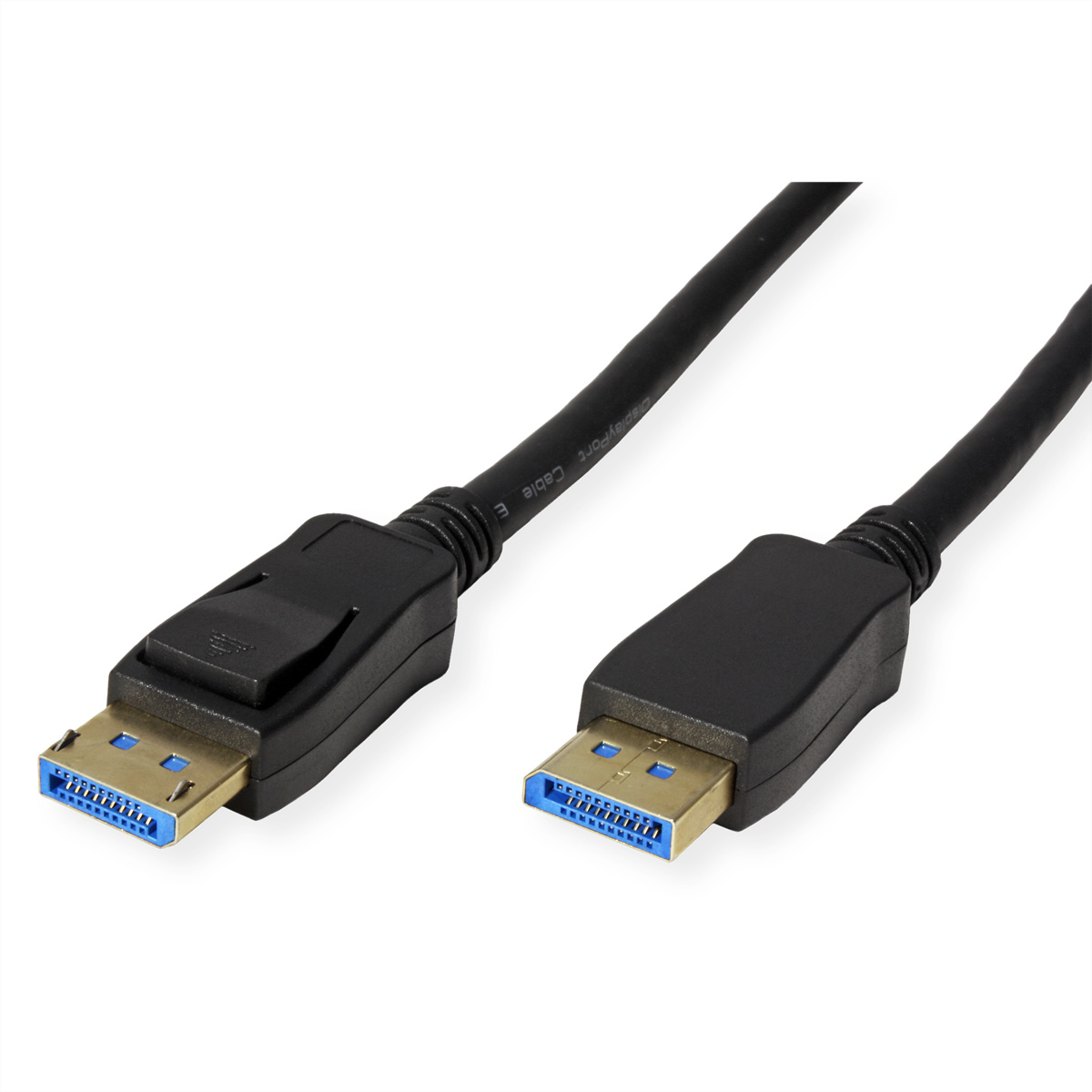 Un câble DisplayPort noir. Une extrémité est branchée sur un connecteur, montrant des broches bleues.