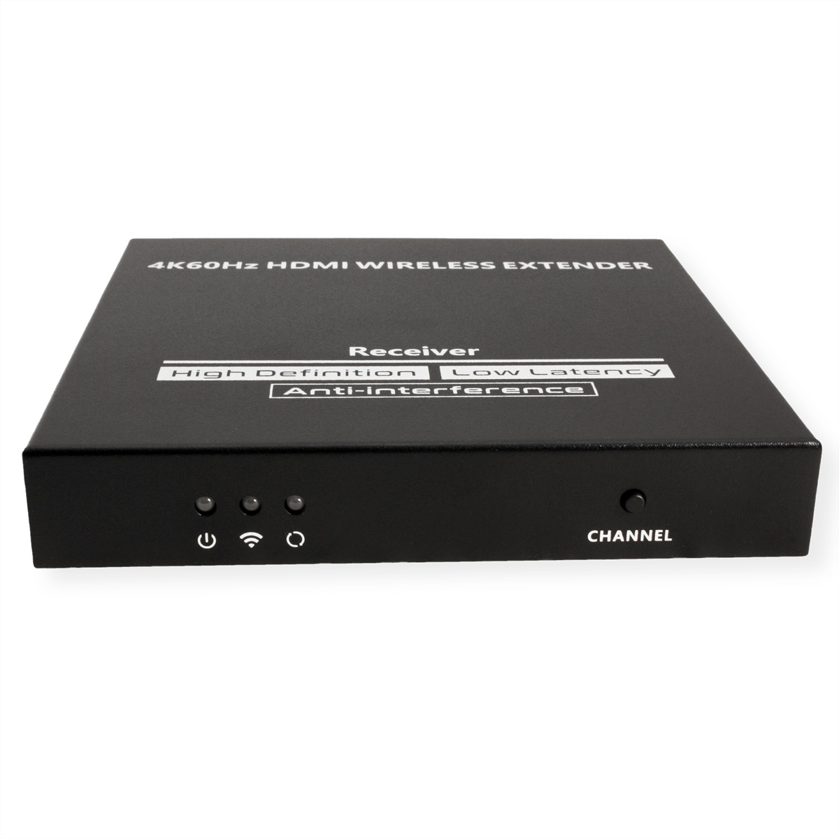 Una scatola di estensione HDMI nera con porte ed etichette su sfondo bianco.
